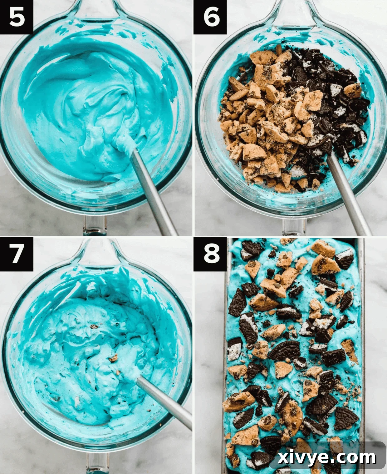 A four-panel collage illustrating the final steps of making No-Churn Cookie Monster Ice Cream. The top left image shows the blue ice cream base being prepared in a mixing bowl. The top right displays chopped chocolate chip cookies and Oreos ready to be folded into the creamy blue mixture. The bottom left features the fully mixed Cookie Monster Ice Cream in a glass mixing bowl, rich with cookie pieces. The bottom right shows the completed mixture transferred into a rectangle pan, ready for freezing, promising a delicious homemade dessert.