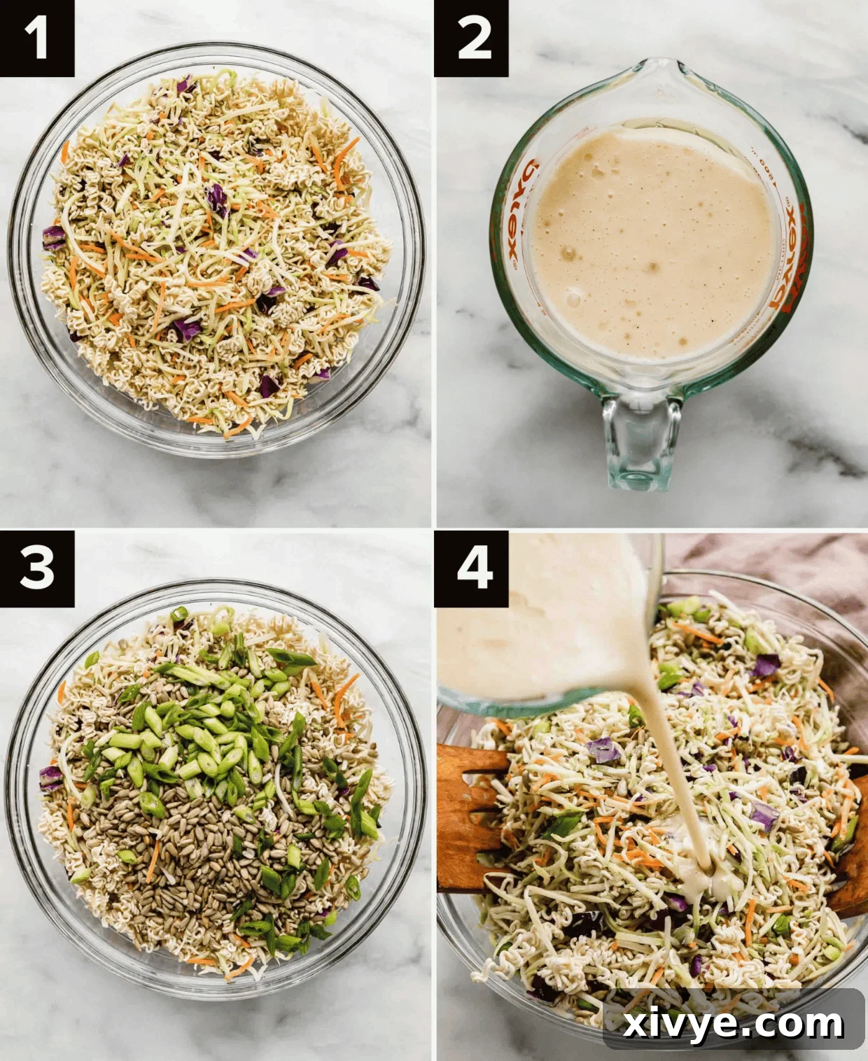 Four images showing how to make Broccoli Slaw, top left is broccoli slaw and ramen noodles in a glass bowl, top right photo is asian style white colored dressing to use over broccoli slaw, bottom left image is green onions over broccoli slaw, bottom right shows dressing being poured overtop Asian Broccoli Slaw.
