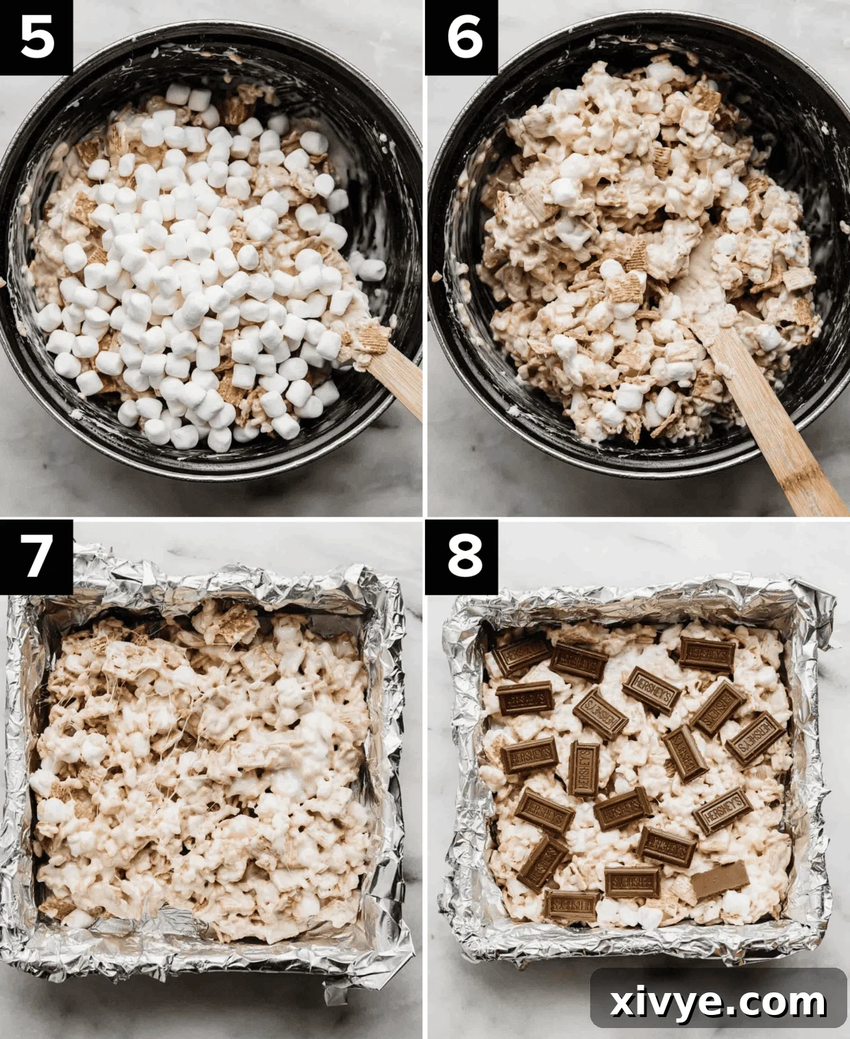 S'more Rice Krispie Treats in a pot, then transferred to a square pan with the Rice Krispies topped with Hershey's chocolate pieces.