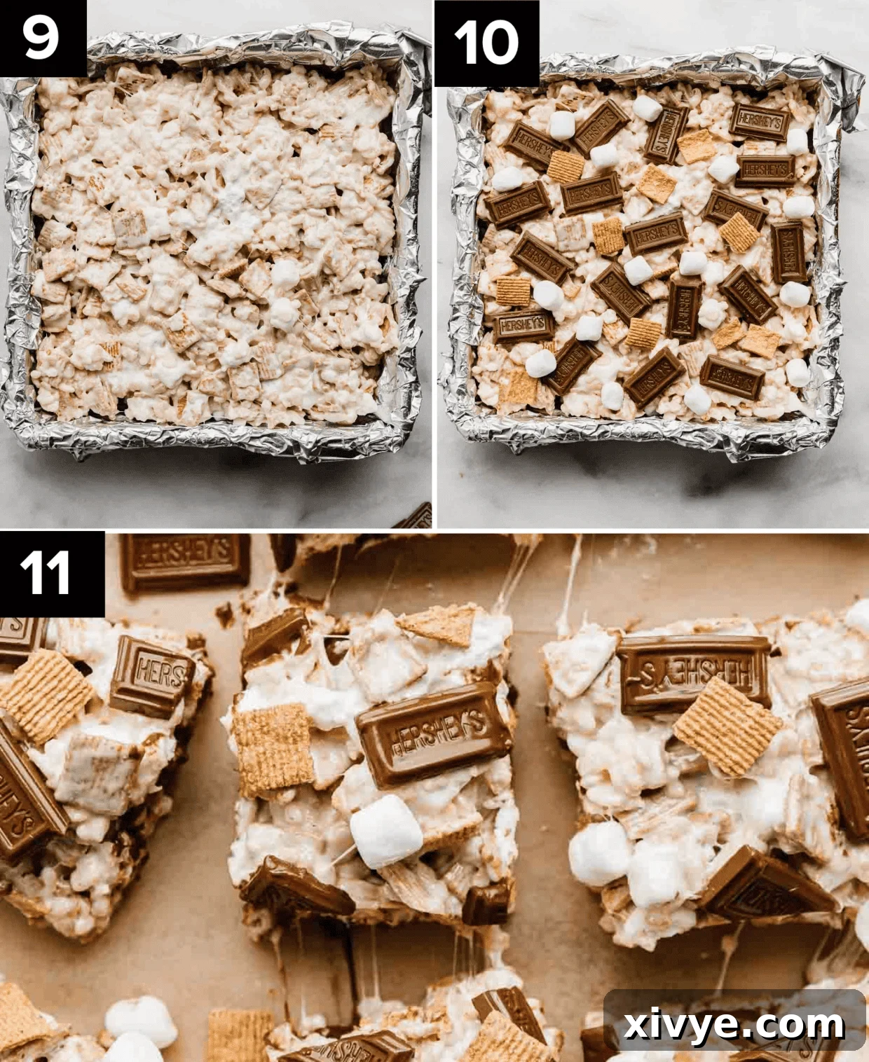 S'mores Rice Krispie Treats topped with Hershey chocolate pieces.