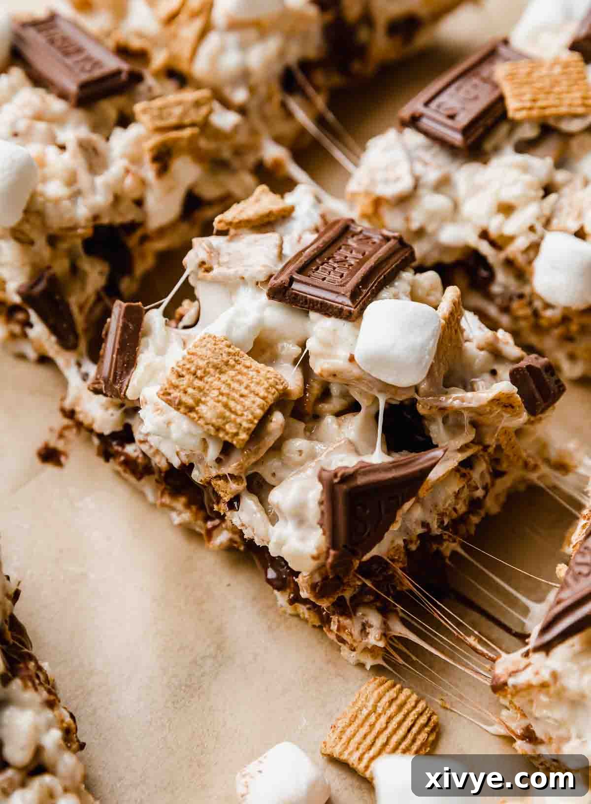 the best S'more Rice Krispie Treats on a Kraft colored parchment paper.