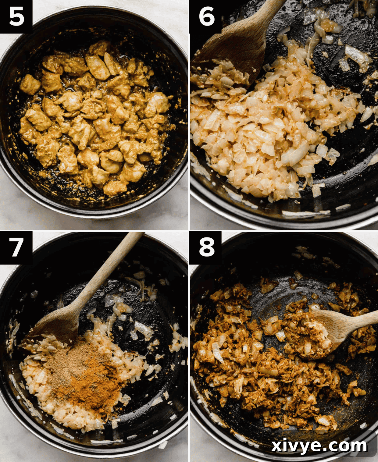 The Creamy Tikka Masterpiece 4 Four images demonstrating the cooking of Chicken Tikka Masala sauce. Top-right shows onions sautéing, top-left shows spiced onions, bottom-left shows tomato sauce being added, bottom-right shows the simmering sauce.