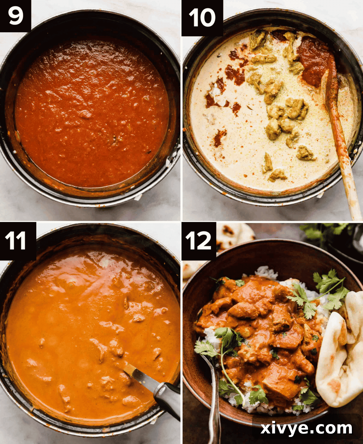 The Creamy Tikka Masterpiece 5 Four images showcasing the final stages of Chicken Tikka Masala. Top-left shows cream being added, top-right shows chicken and cream simmering, bottom-left shows the finished rich orange sauce, bottom-right shows Chicken Tikka Masala served in a bowl with cilantro.