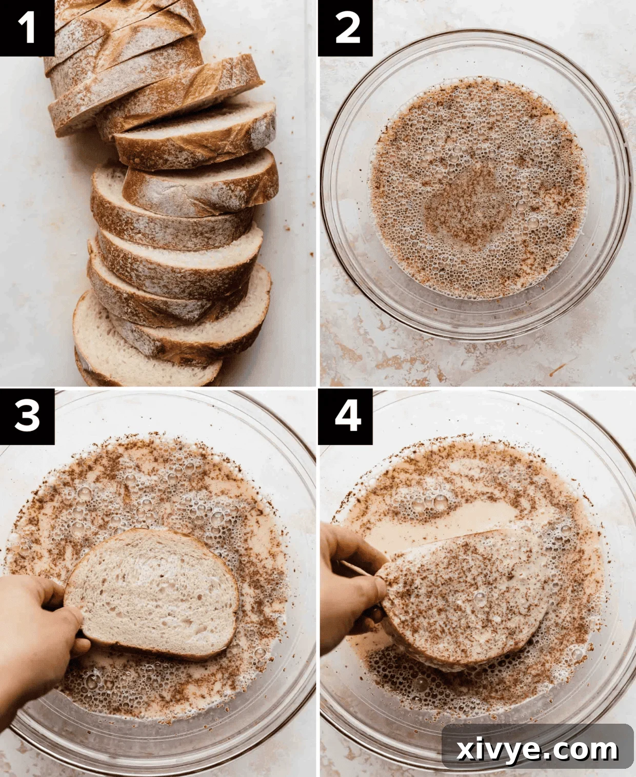 Artisan French Toast 4 A four-panel photo showing the process of making French Bread French Toast: 1. Sliced French bread, 2. Egg custard mixture in a glass bowl, 3. Dipping bread into the custard, 4. Flipping bread to coat the other side.