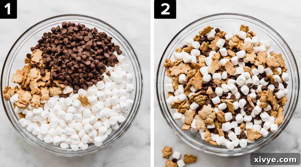 Smores Trail Mix 4 Two sequential images demonstrating the easy preparation of S'mores Mix. The left shows a large bowl with separate piles of milk chocolate chips, mini marshmallows, and Teddy Grahams crackers. The right image displays the same ingredients in the bowl, now perfectly mixed and ready to serve.
