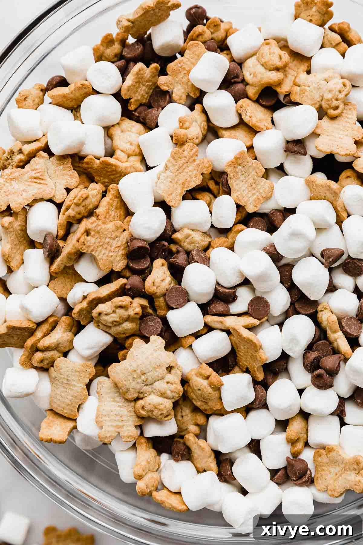 Smores Trail Mix 5 A close-up view of a glass bowl filled with the inviting S'mores Mix, highlighting the delightful texture of milk chocolate chips, soft marshmallows, and crisp Teddy Grahams.