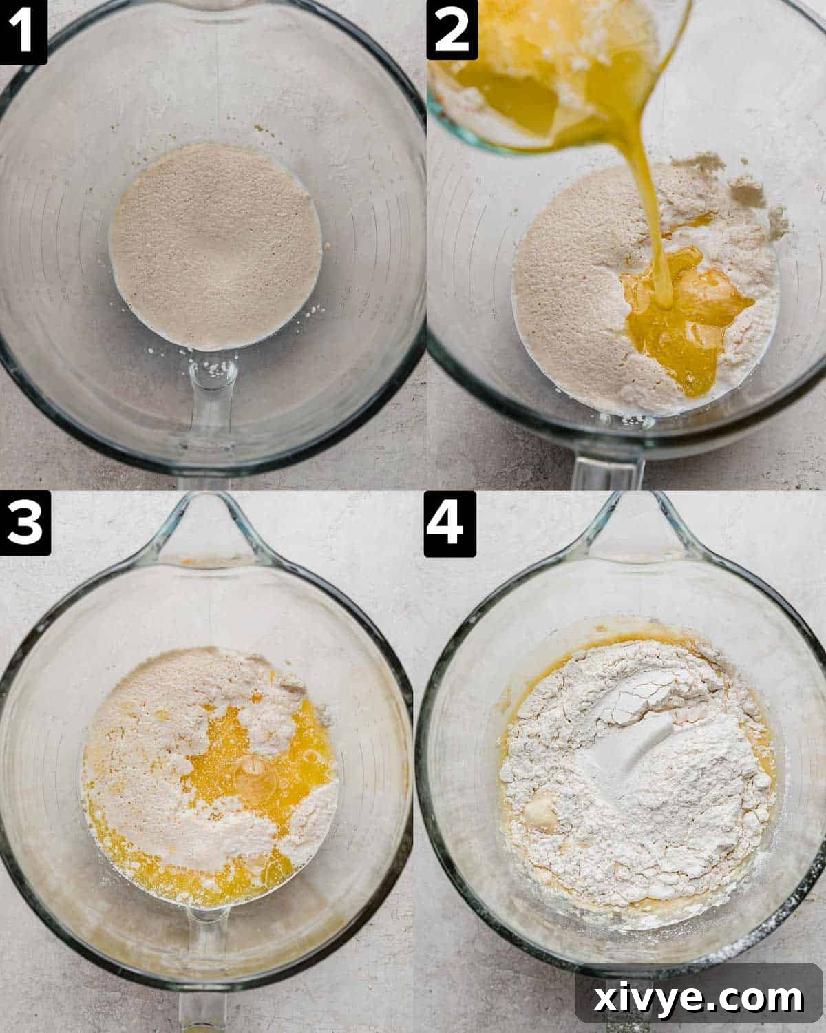 Four images showing how to make Belgian Liege Waffle dough using yeast, milk, melted butter, and flour, progressing from liquid ingredients to a cohesive dough.
