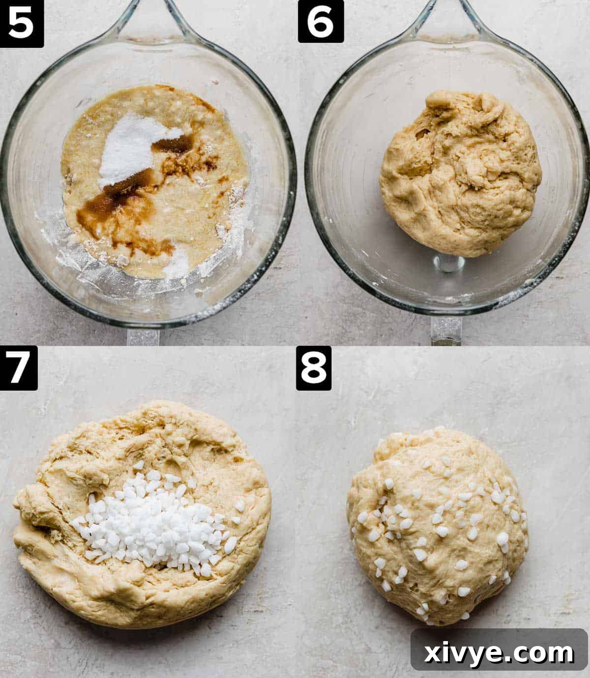Four images showing the making of liege waffle dough in a glass bowl, followed by two images demonstrating pearl sugar being mixed into the dough.