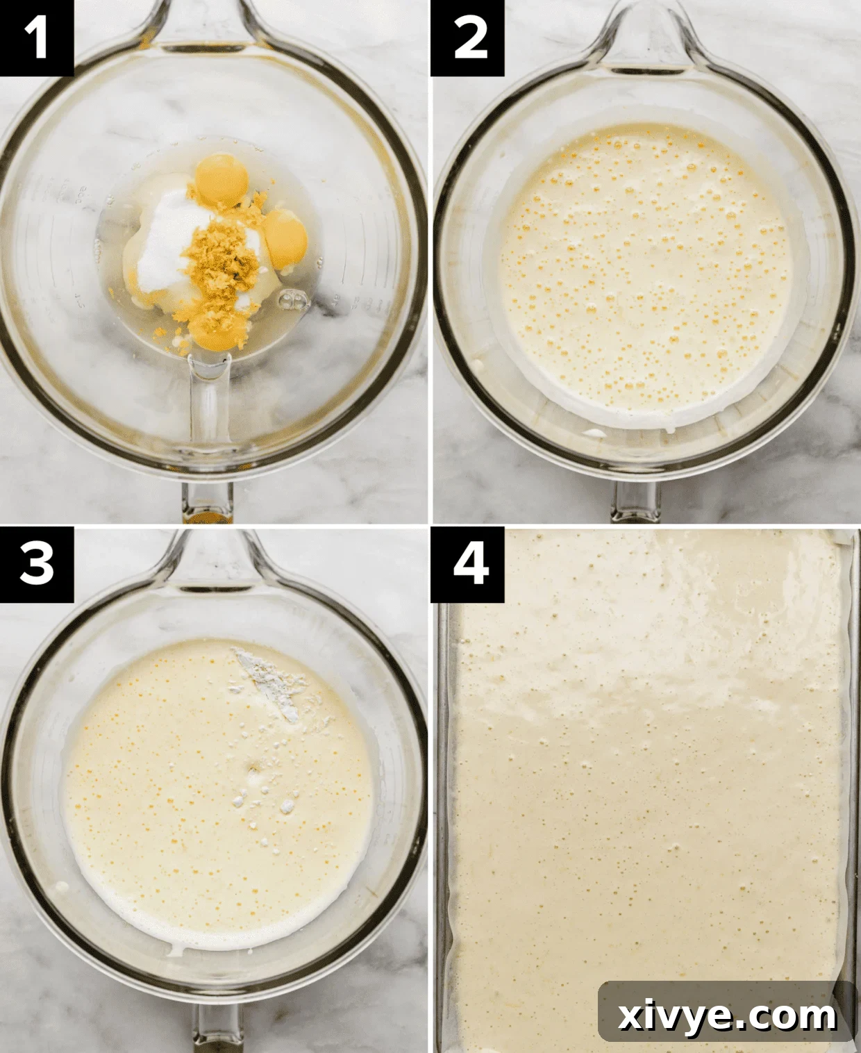 A collage of four progressive images showing the preparation of Lemon Swiss Roll batter: 1) eggs, sugar, lemon zest in a bowl, 2) aerated batter, 3) flour being folded in, 4) batter spread in a baking sheet ready for the oven.