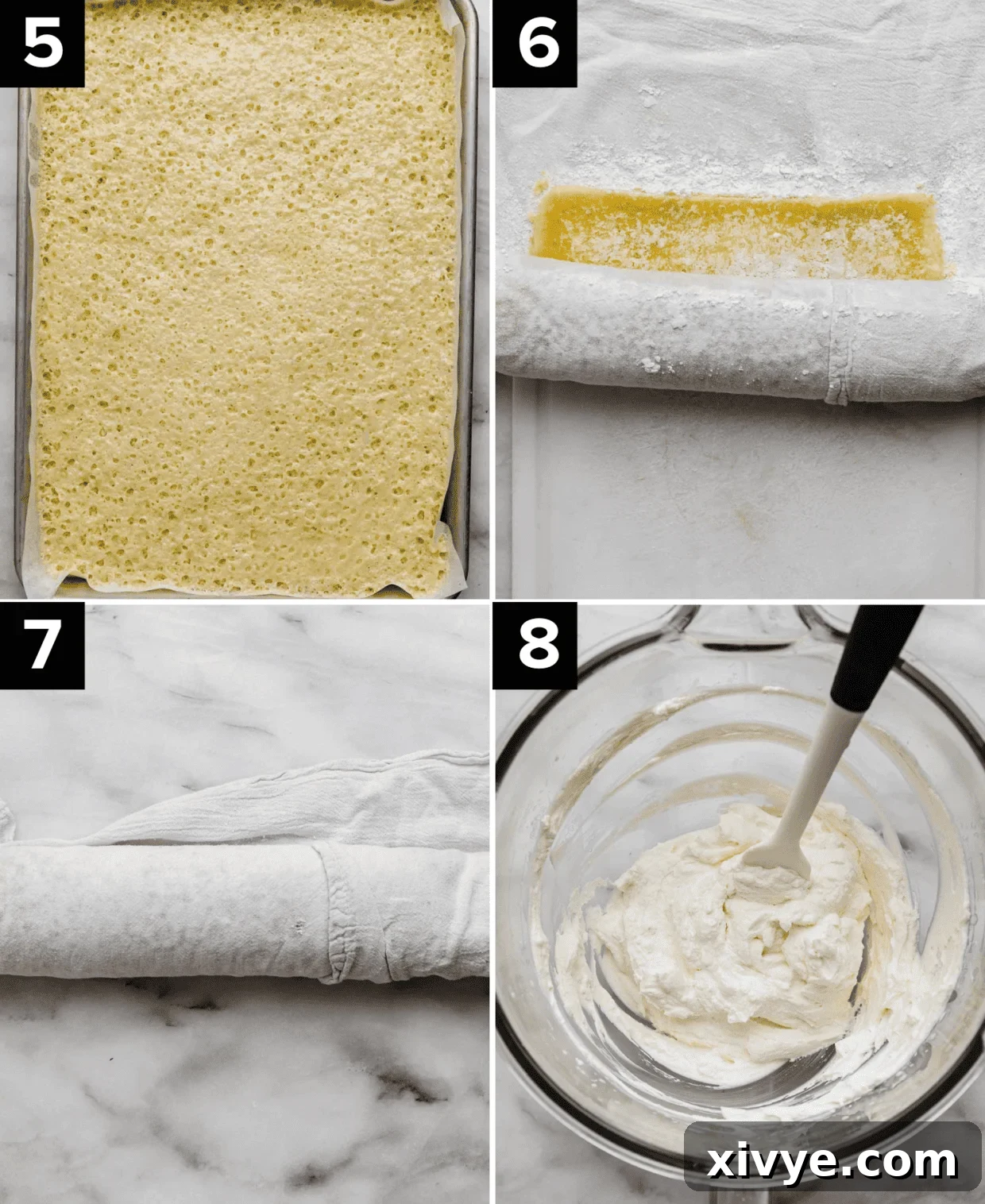 A sequence of four images depicting the Swiss roll preparation: 1) baked lemon sponge in the pan, 2) sponge being rolled in a sugared towel, 3) the rolled sponge cooling, 4) fluffy mascarpone whipped cream ready for filling.
