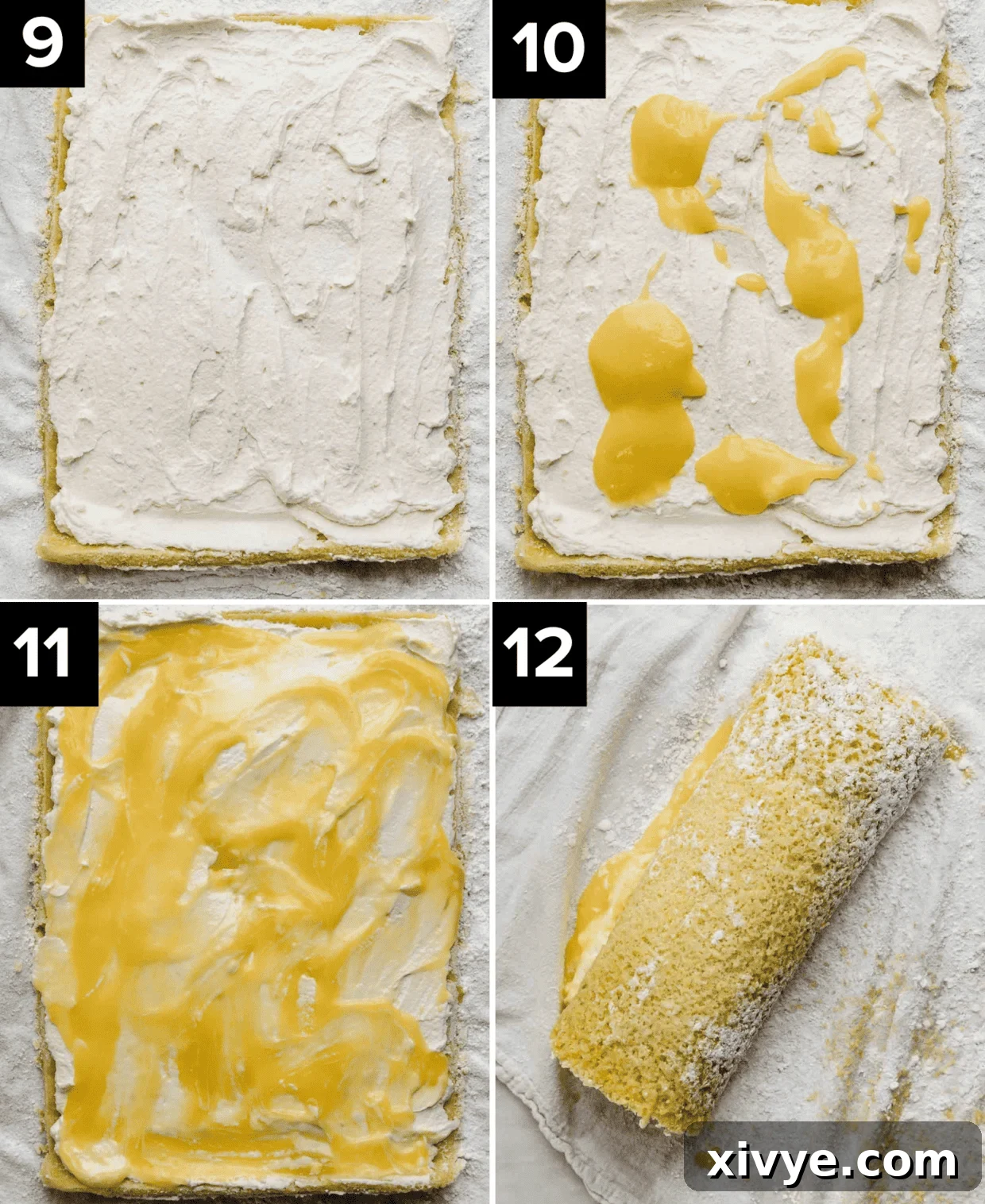 A visual guide showing the process of filling a golden yellow lemon Swiss roll with luscious mascarpone cream and bright lemon curd, ending with the re-rolled cake ready for chilling.