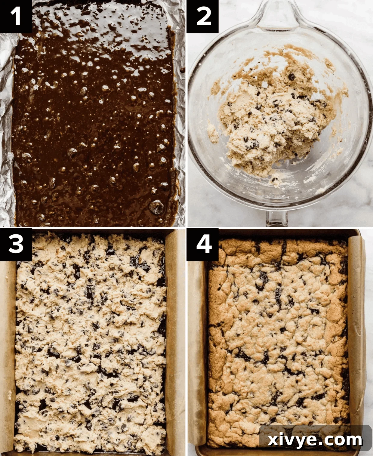 Four photos showing the process of making Brookies (brownie cookie bars), top left is brownie batter in a baking pan, top right is chocolate chip cookie dough in a glass bowl, bottom left is chocolate chip cookie dough in a baking sheet, bottom right image is baked Brookies.
