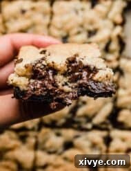 A hand holding a Brookie (chocolate chip brownie bar).