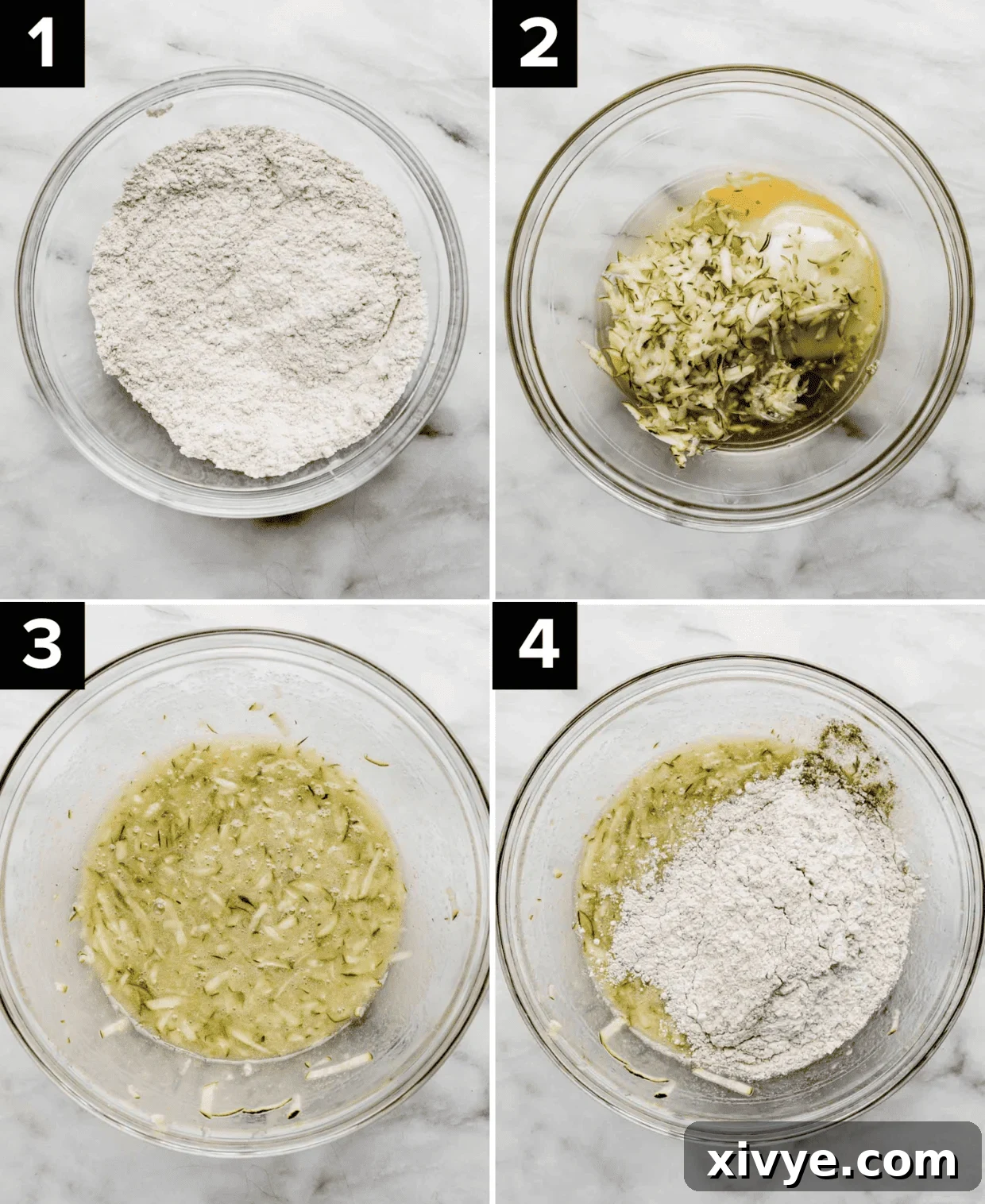 Garden Delight Chocolate Chip Muffins 4 Four images, each one of a glass bowl filled with varying ingredients to make Zucchini Chocolate Chip Muffins, top left has dry ingredients, top right is shredded zucchini and wet ingredients, bottom left is wet ingredients mixed together, bottom right has flour over the wet ingredients.