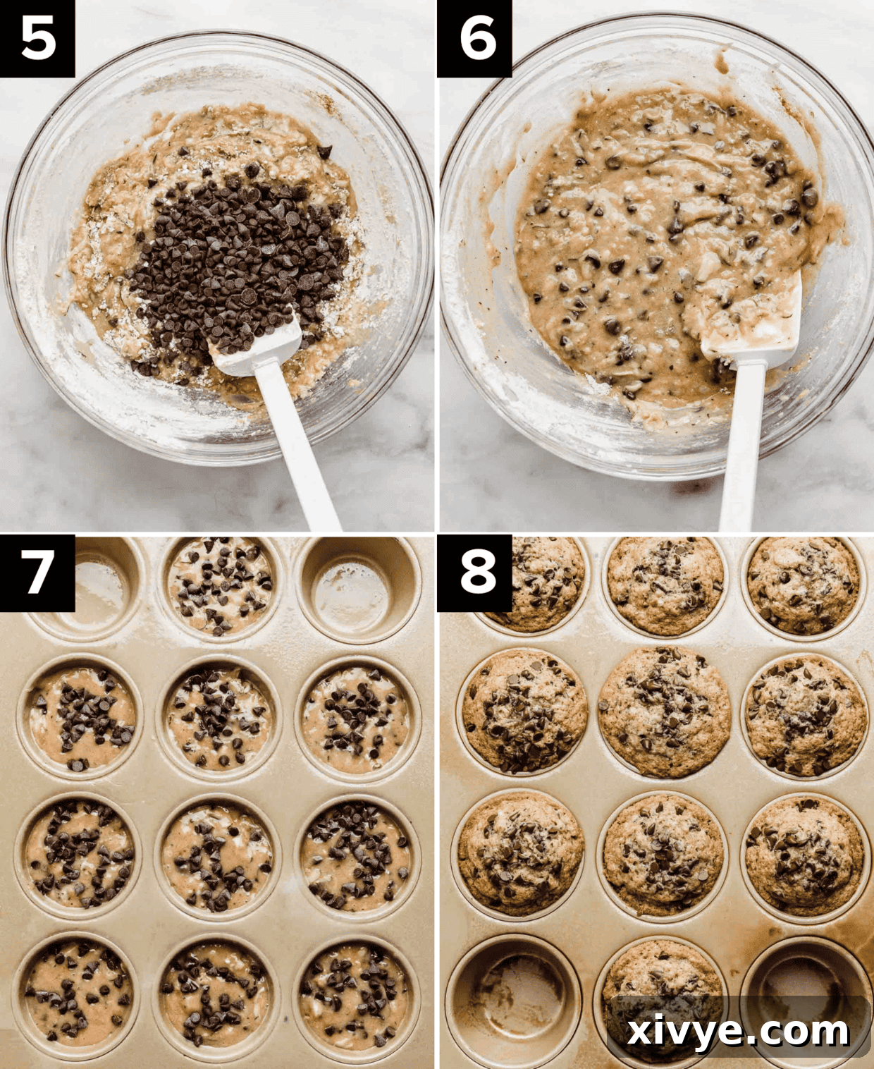 Garden Delight Chocolate Chip Muffins 5 Four images showing how to make Zucchini Chocolate Chip Muffins, top left is chocolate chips in a glass bowl over zucchini muffin batter, top right image is Zucchini Chocolate Chip Muffin batter in glass bowl, bottom left image is Zucchini Chocolate Chip Muffin batter in muffin pan, bottom right image is baked Zucchini Chocolate Chip Muffins in a muffin pan.