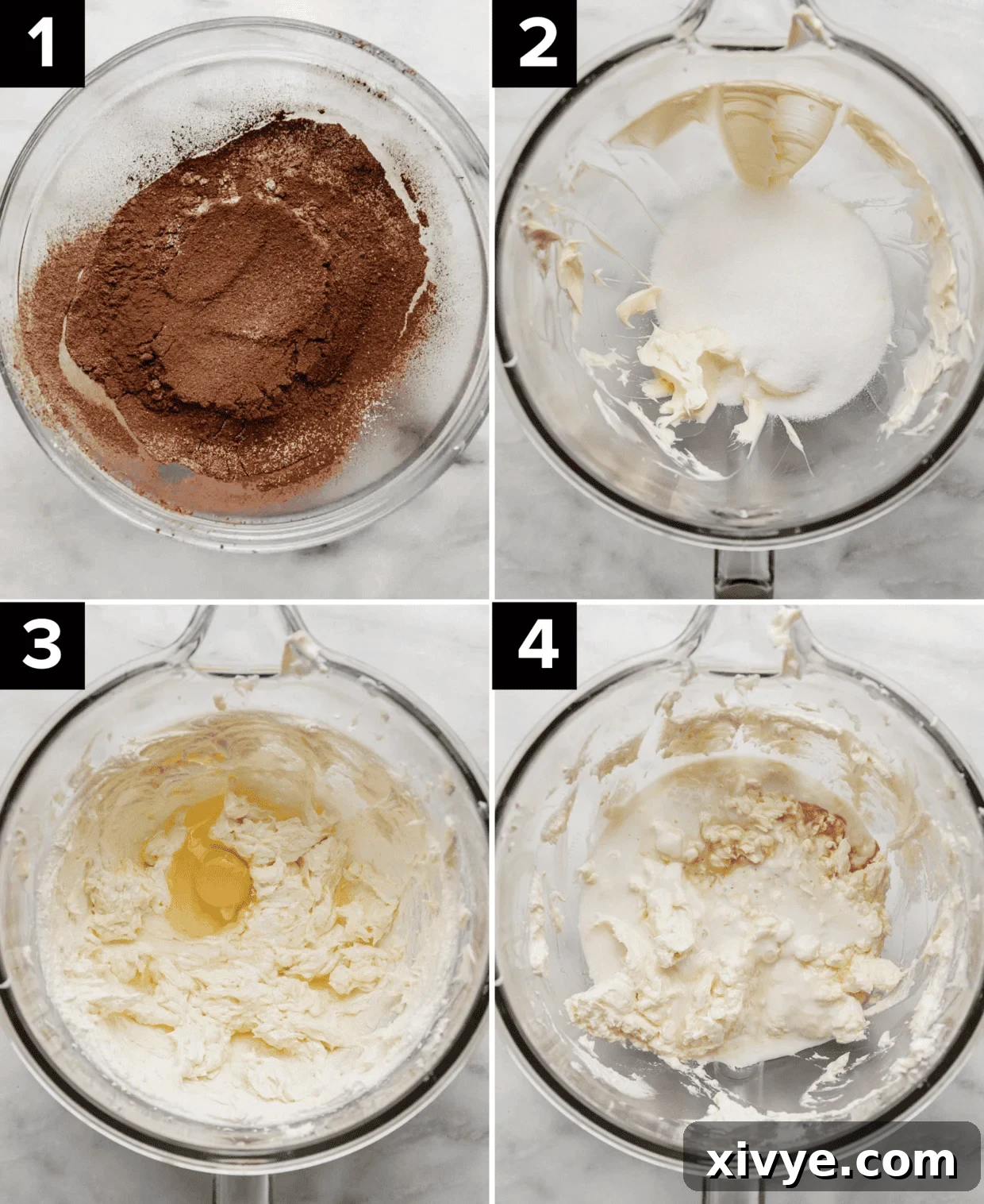 Four images demonstrating the initial stages of making Chocolate Pound Cake, showing glass bowls with various ingredients: top left features flour and cocoa powder, top right displays butter and sugar, bottom left has an egg added to the batter, and bottom right shows buttermilk and vanilla integrated.