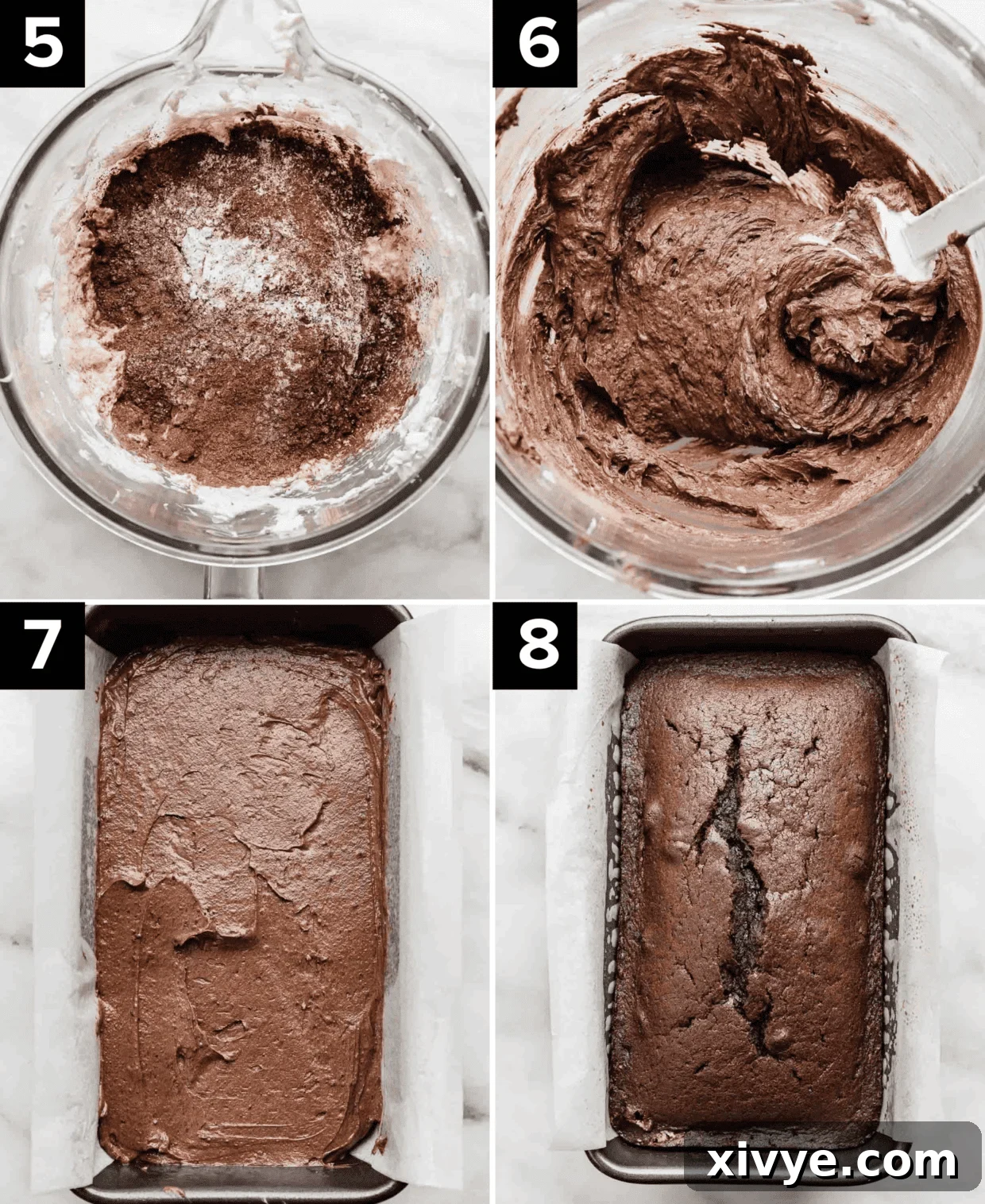 Four photos illustrating the process of making Chocolate Pound Cake: top left features brown dry ingredients in a glass bowl, top right shows Chocolate Pound Cake batter in a glass bowl, bottom left displays Chocolate Pound Cake batter smoothed into a gray bread pan, and bottom right presents the baked Chocolate Pound Cake in its pan.