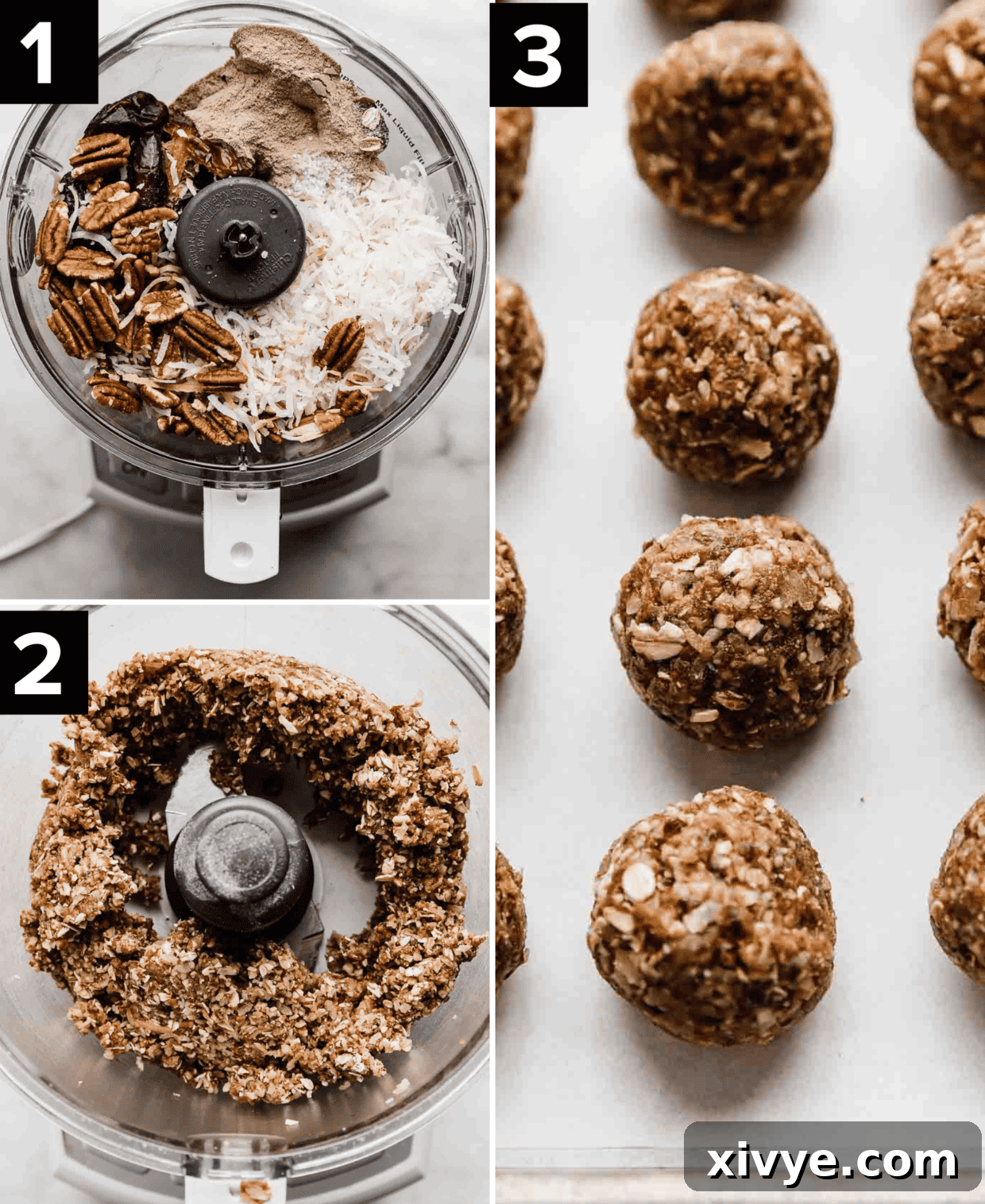 German Chocolate Protein Power Bites 4 Three images showing how to make German Chocolate balls with protein powder, top left image is German Chocolate Cake Protein Ball ingredients in a food processor, bottom left is all the ingredients ground up, right image is German chocolate balls on a white background.