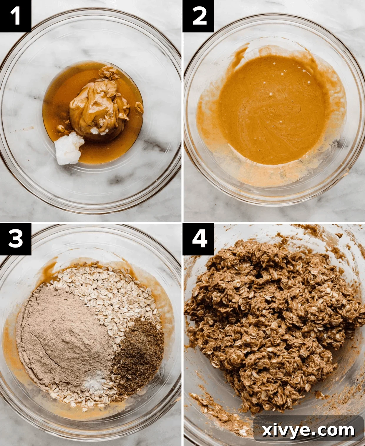 Irresistible Chocolate Peanut Butter Protein Bars 4 A visual guide illustrating the initial stages of preparing Chocolate Peanut Butter Protein Bars: top left, wet ingredients in a bowl; top right, fully melted wet ingredients; bottom left, dry ingredients added to the bowl; bottom right, the uniform mixture after combining all components.
