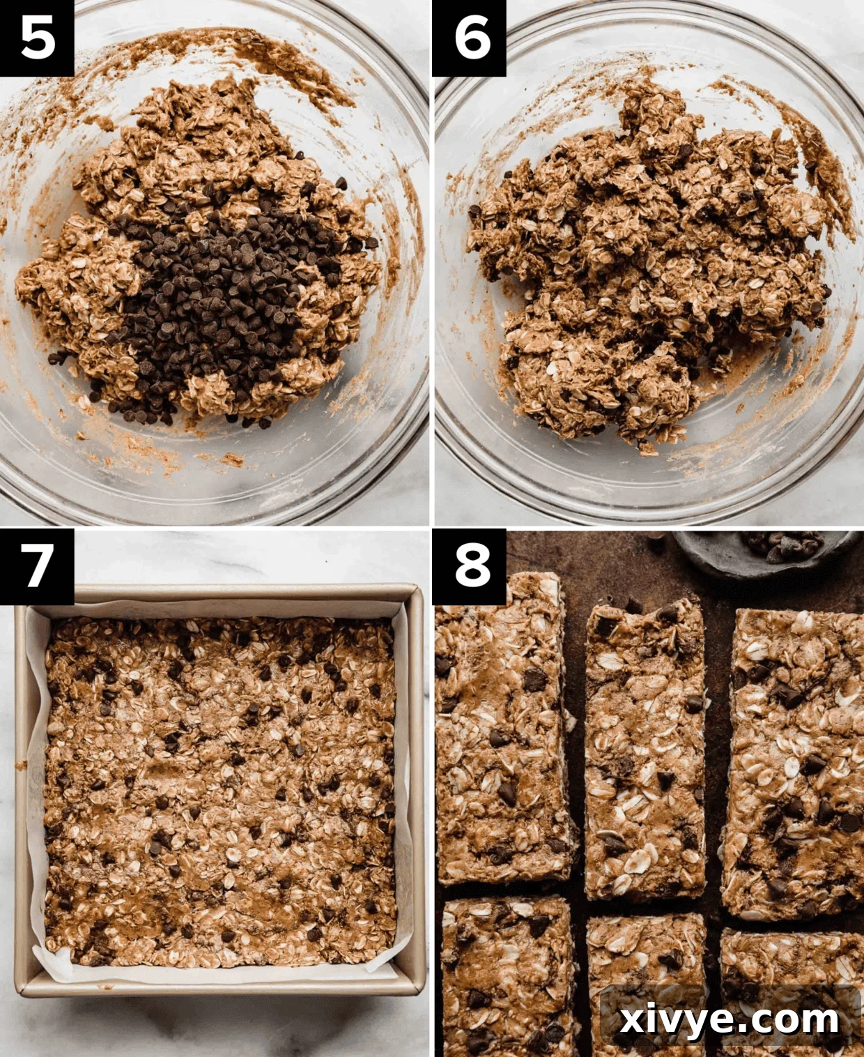 Irresistible Chocolate Peanut Butter Protein Bars 5 A four-panel image sequence illustrating the concluding steps for Chocolate Peanut Butter Protein Bars: top left, the mixed dough; top right, mini chocolate chips being stirred in; bottom left, the mixture pressed into a square pan; bottom right, a tray of finished, perfectly sliced homemade protein bars.