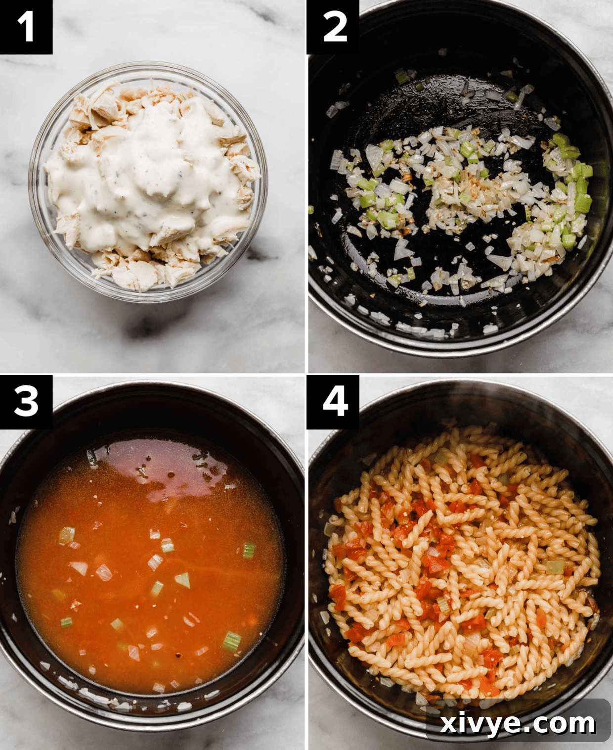 Four images showing how to make Buffalo Chicken Pasta, top left image is chicken in a glass bowl with ranch dressing overtop, top right is celery and onion in a pot, bottom left is red liquid in black pot, bottom right is cooked pasta in a pot.
