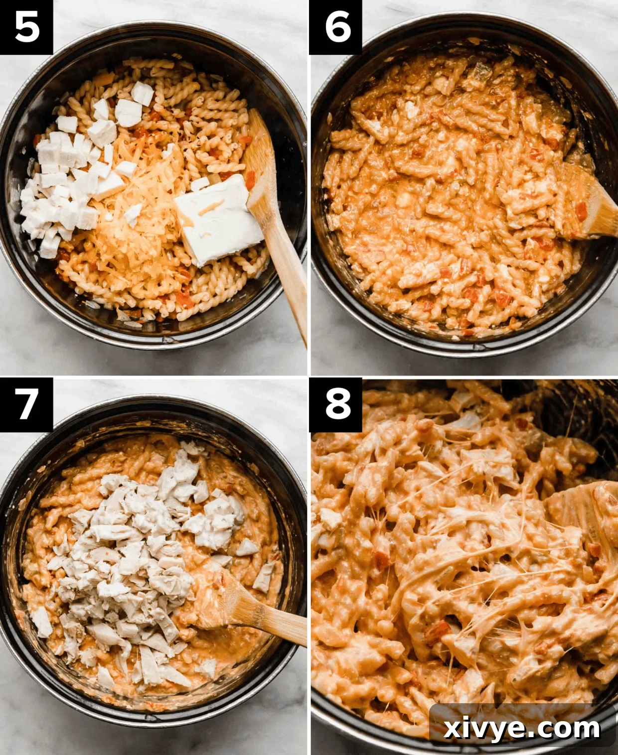 Four images showing how to make Buffalo Chicken Pasta, all images are a black pot with ingredients being added to the pot such as cream cheese, cheese, chicken, and then stirring together to combine.