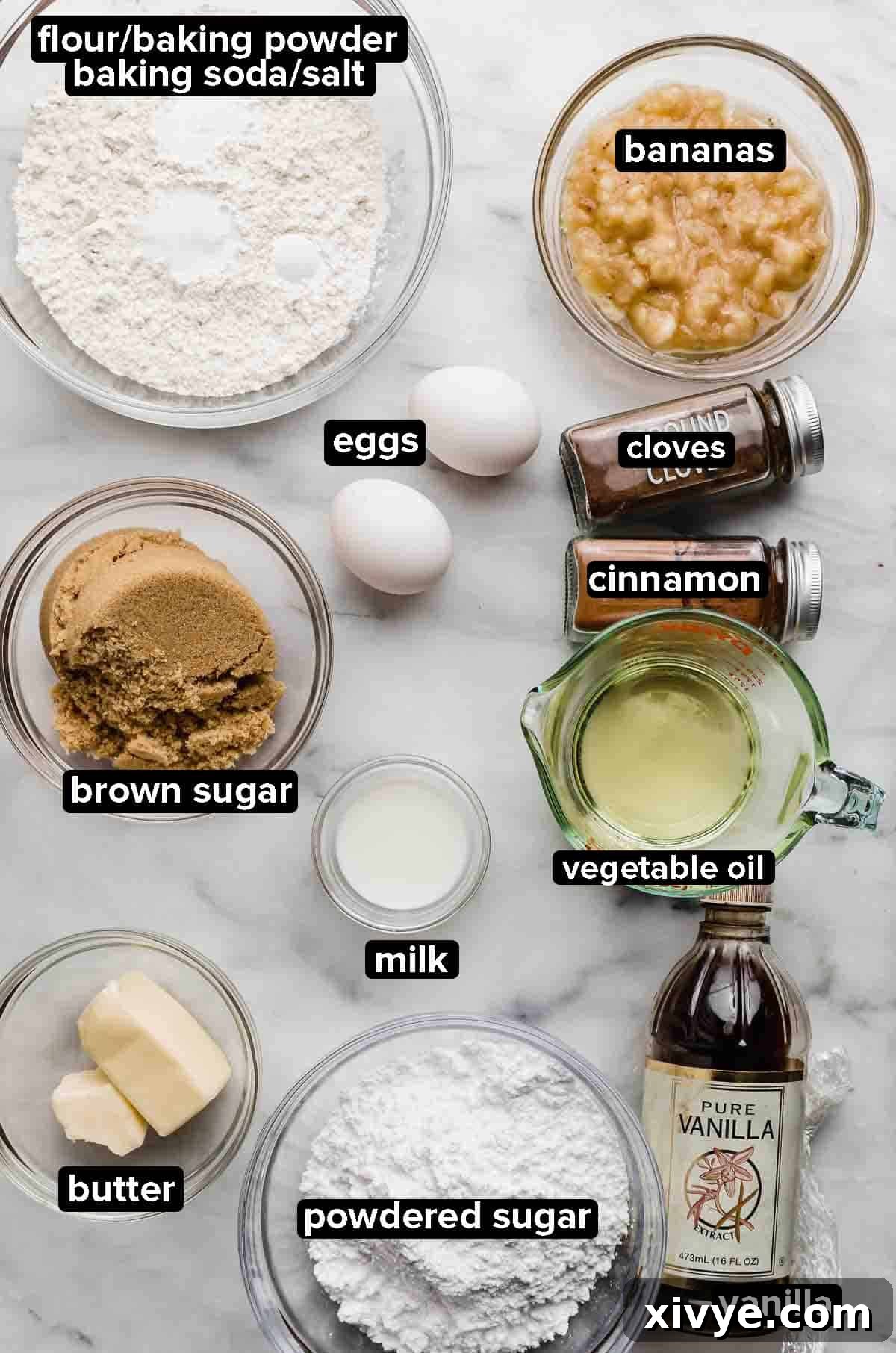 Frosted Banana Cookies ingredients in a glass bowl on a white background.
