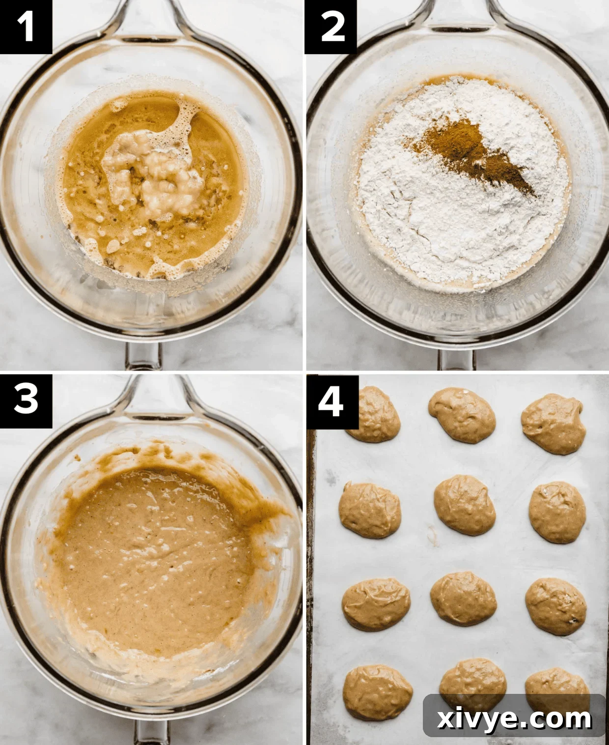 Four images showing the process of making banana cookies batter in a glass bowl.