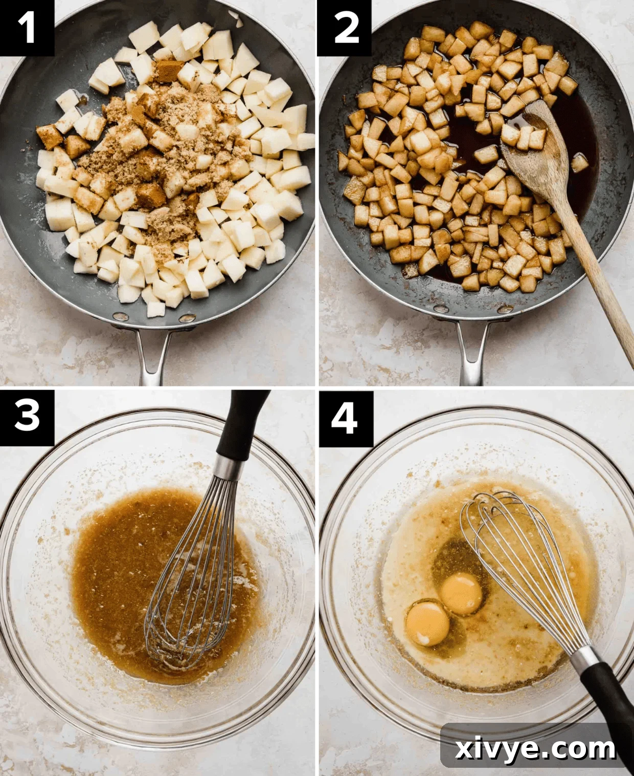 Spiced Apple Fritter Coffee Cake 4 Four images showing how to make Apple Fritter Cake, top left image is skillet with diced apples, top right photo is diced apples cooked in a brown syrup mixture, bottom left image is glass bowl filled with brown sugar and oil, bottom right is glass bowl with eggs and light yellow mixture.