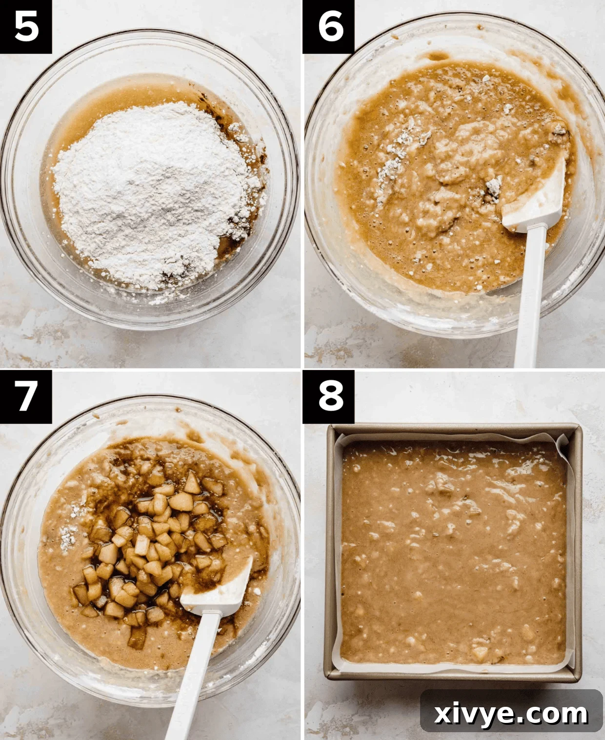 Spiced Apple Fritter Coffee Cake 5 Four photos showing process of making Apple Fritter Cake, top left is glass bowl with flour in it, top right tis Apple Fritter Cake batter in glass bowl, bottom left is cooked diced apples in glass bowl, bottom right is square pan filled with Apple Fritter Cake batter.