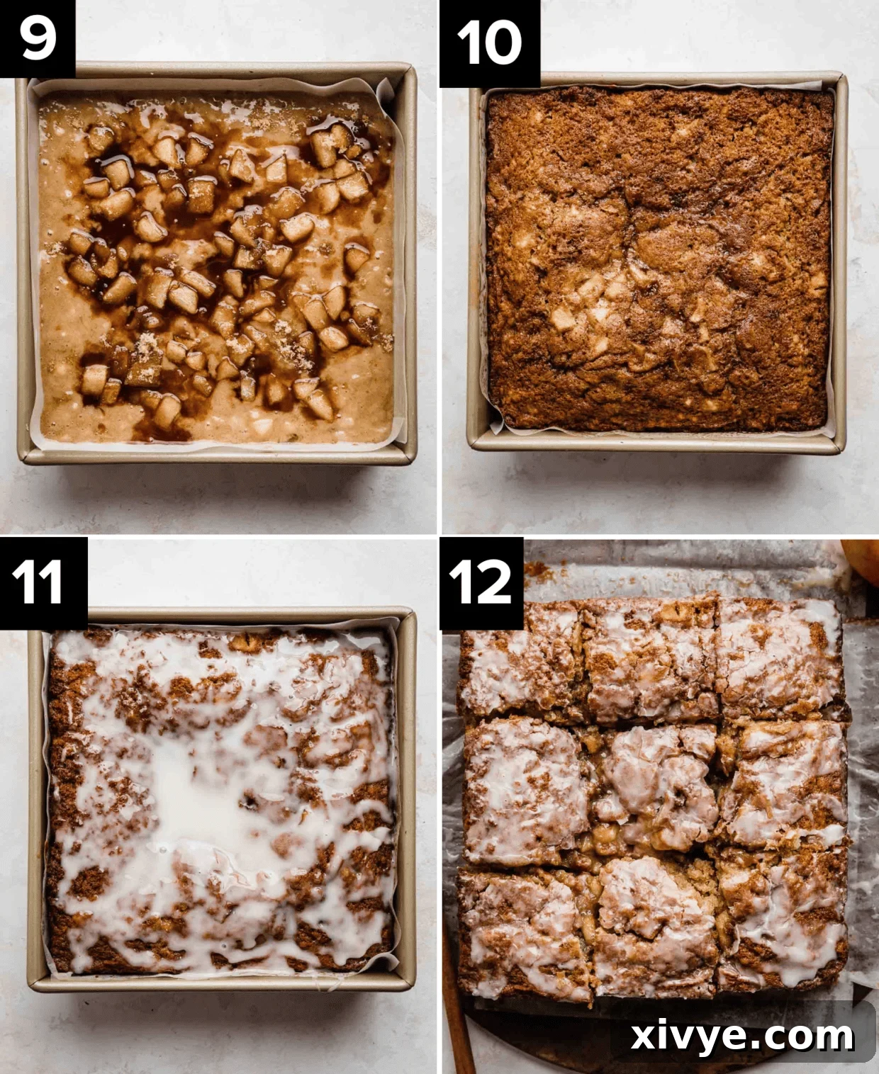 Spiced Apple Fritter Coffee Cake 6 Four photos showing Apple Fritter Cake in square pan, showing the process of it being made, raw batter in pan, baked, then the Apple Fritter Cake topped with icing.