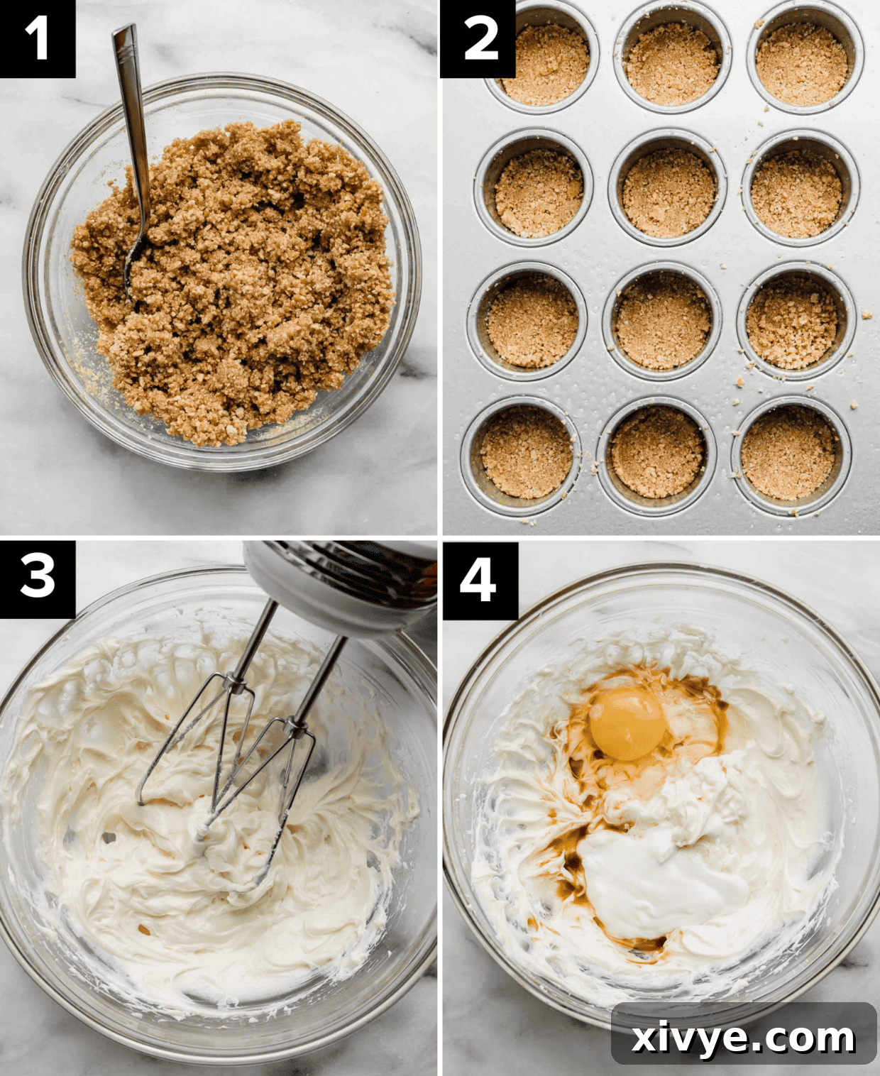 Four photos showing how to make Mini Cheesecakes crust with graham cracker crumbs and the beginning of creaming cream cheese in a glass bowl.
