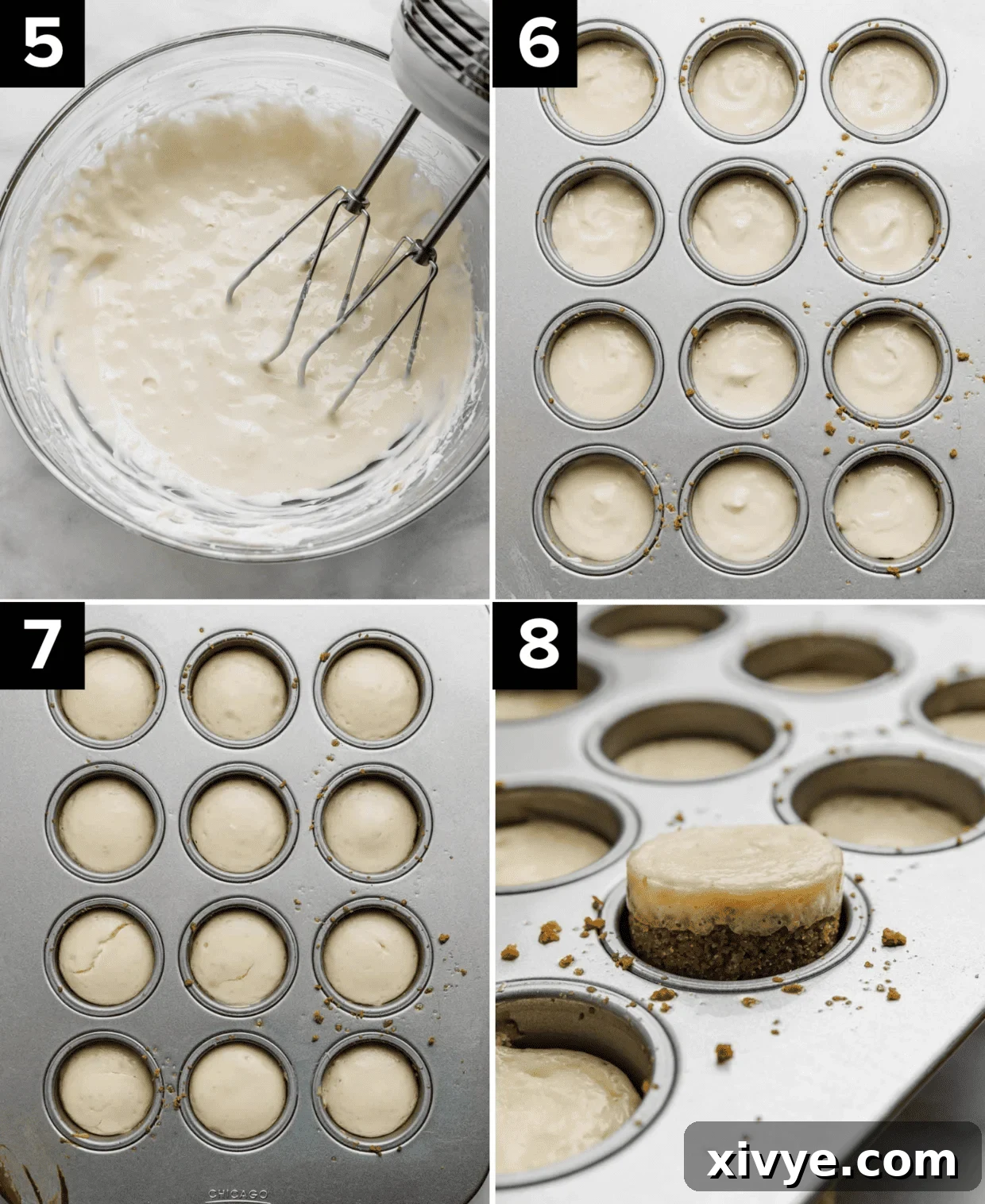 Four photos, top left image is cheesecake filling in a glass bowl, top right is unbaked Mini Cheesecakes in a cheesecake pan, bottom photo is baked Mini Cheesecakes in a mini cheesecake pan, and a hand pushing a mini cheesecake from a cheesecake pan.