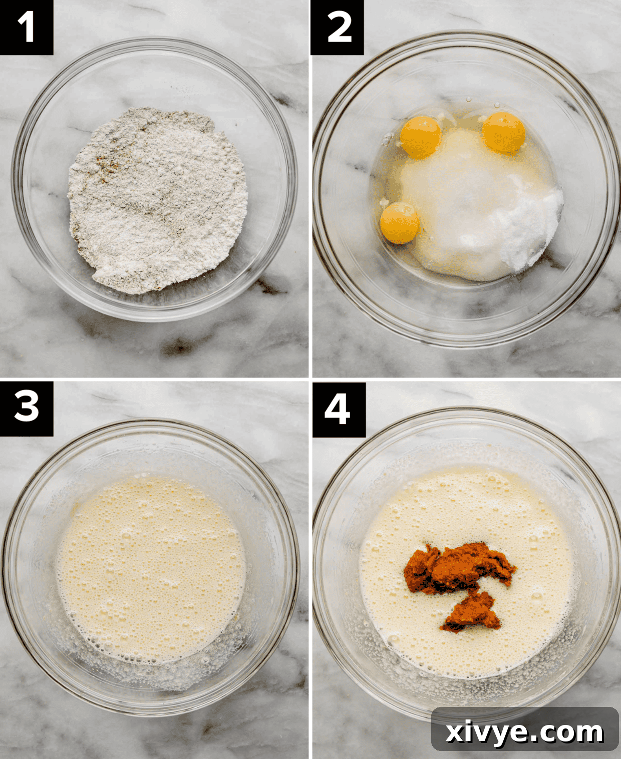 Perfect Pumpkin Cream Cheese Roll 4 Four photos showing the initial stages of making Libby's Pumpkin Roll recipe: top left shows dry ingredients in a bowl, top right shows beaten eggs and sugar, bottom left is the yellow egg-sugar mixture, bottom right shows pumpkin puree added to the bowl.