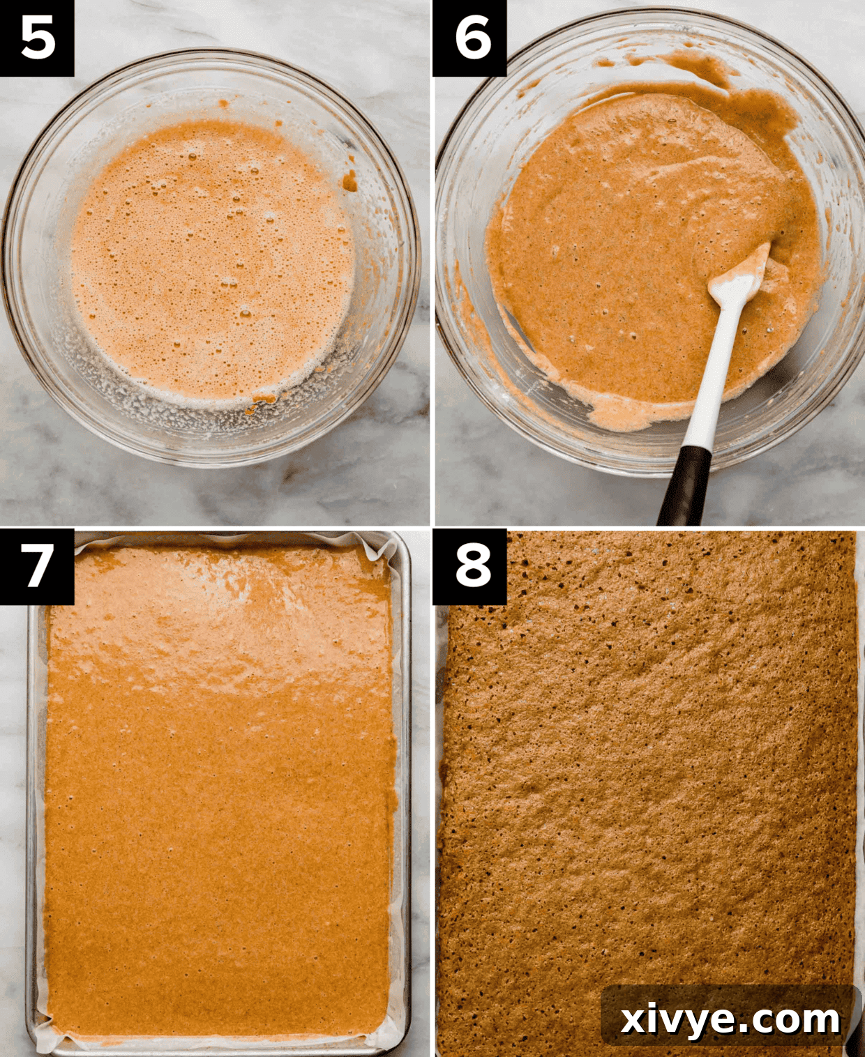 Perfect Pumpkin Cream Cheese Roll 5 Four images demonstrating the pumpkin roll baking process: top left shows light orange batter, top right shows slightly darker orange batter after mixing, bottom left displays batter in a jelly roll pan, bottom right shows the fully baked pumpkin roll in the pan.