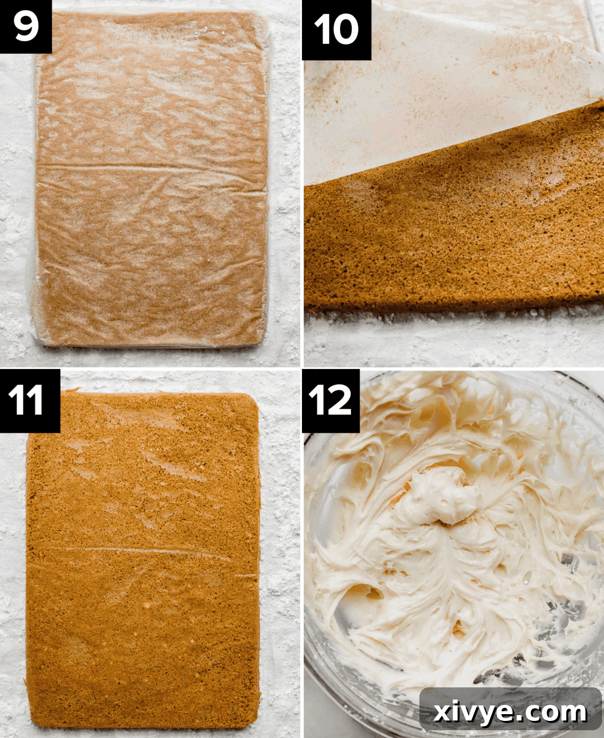 Perfect Pumpkin Cream Cheese Roll 6 Four images illustrating how to handle the baked pumpkin roll: showing it covered in parchment paper, then gently removing the parchment, and finally placing the warm cake onto a white tea cloth dusted with powdered sugar.