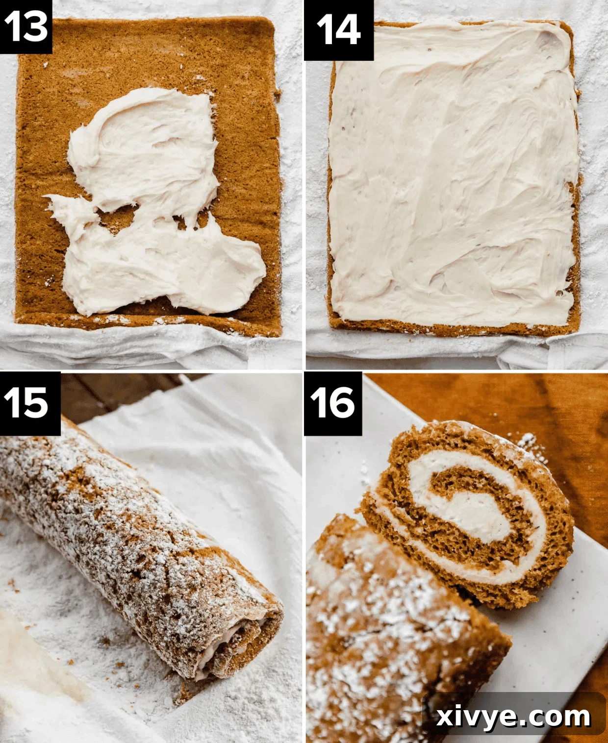Perfect Pumpkin Cream Cheese Roll 7 Four images demonstrating the final steps of making Libby's Pumpkin Roll: spreading cream cheese filling over the unrolled cake, then re-rolling the cake, and finally dusting the finished roll with powdered sugar for presentation.