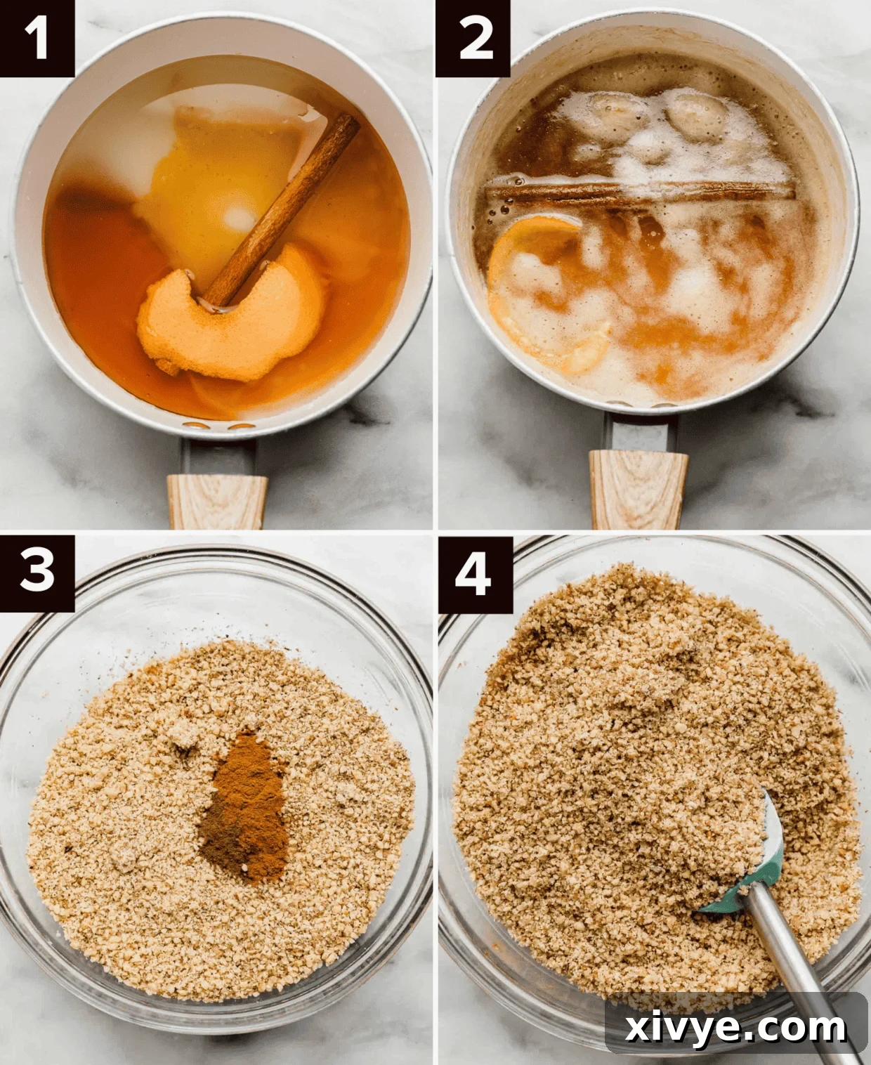 Honeyed Layers of Greece 4 Four photos showing the beginning process of making Greek Baklava: top left shows a white pot with honey, sugar, orange peel, and cinnamon stick; top right shows the liquid boiling; bottom left shows a glass bowl with crushed walnuts and ground spices; bottom right shows a glass bowl with finely ground walnuts.