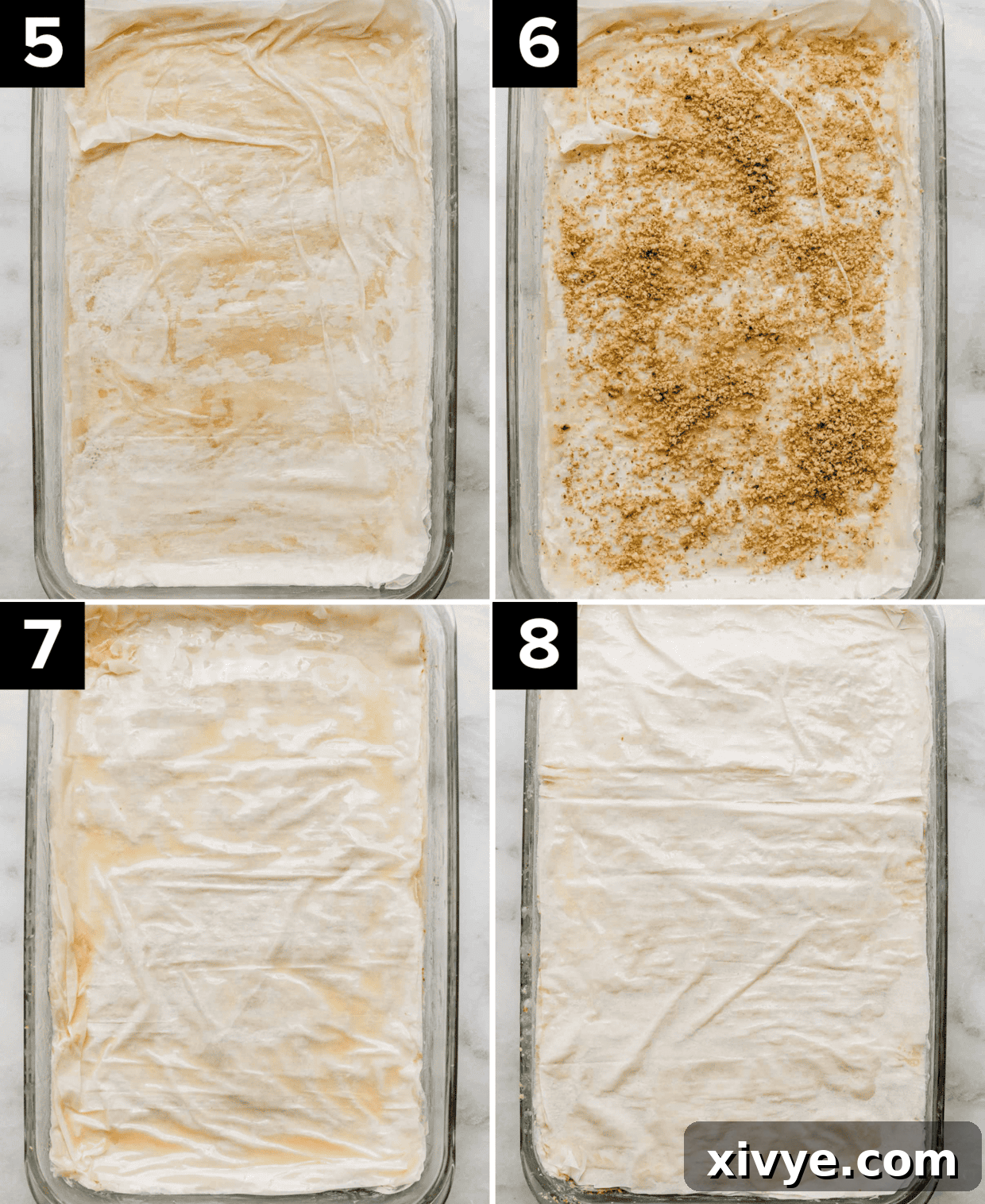 Honeyed Layers of Greece 5 Process of how to make Greek Baklava: top left image shows phyllo dough in a rectangular pan; top right image shows a small amount of ground walnuts over phyllo dough; bottom left and right images both show layered phyllo dough in a rectangular pan.