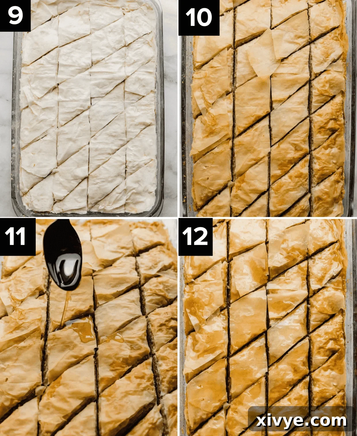 Honeyed Layers of Greece 6 Four images showing Greek Baklava: uncooked and cut into diamond shapes; then baked and crispy; then syrup poured overtop of the best baklava made with walnuts; and finally, golden, honey-covered pieces ready to serve.