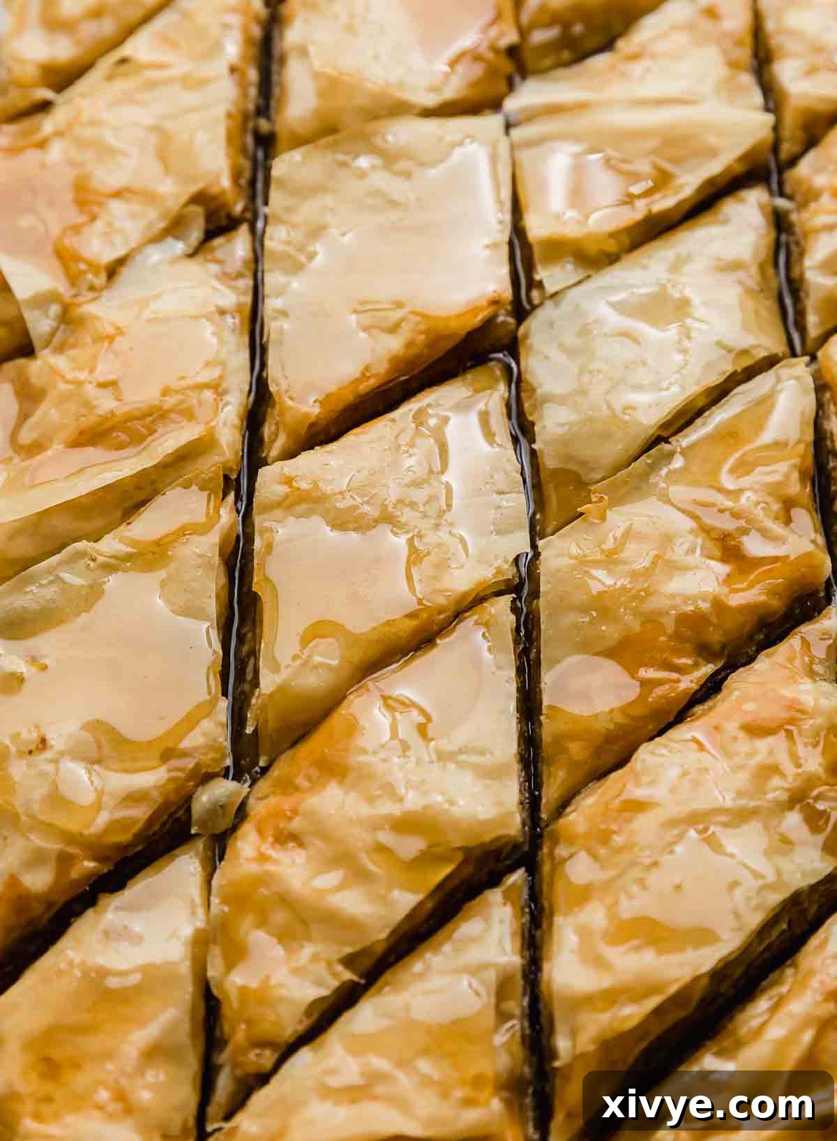 Honeyed Layers of Greece 7 Honey syrup covered golden crispy baklava cut into diamond shapes in a pan, glistening.