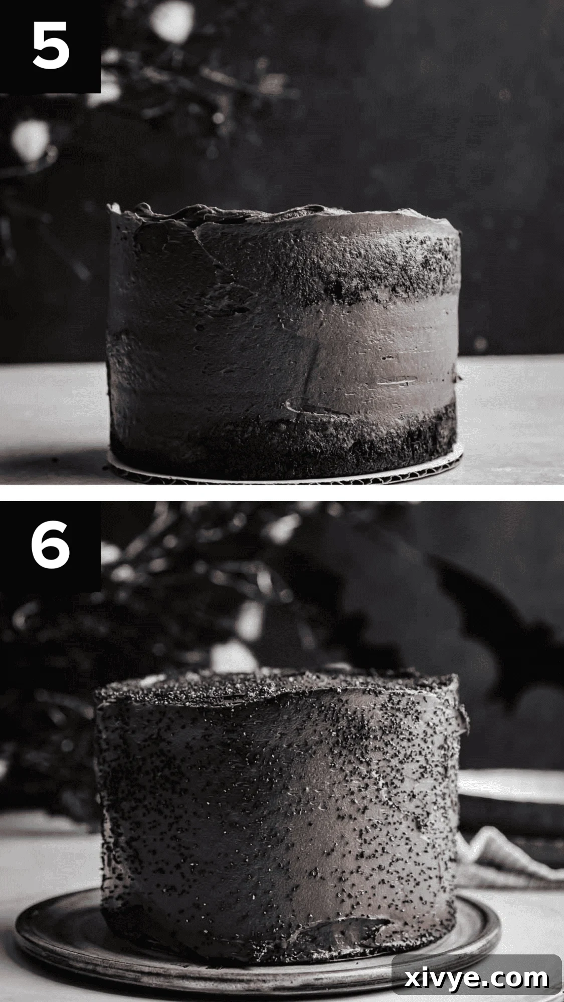 Top photo shows a crumb-coated Black Velvet Cake against a dark background, while the bottom image features the fully frosted cake adorned with black sugar sprinkles, also against a black background.