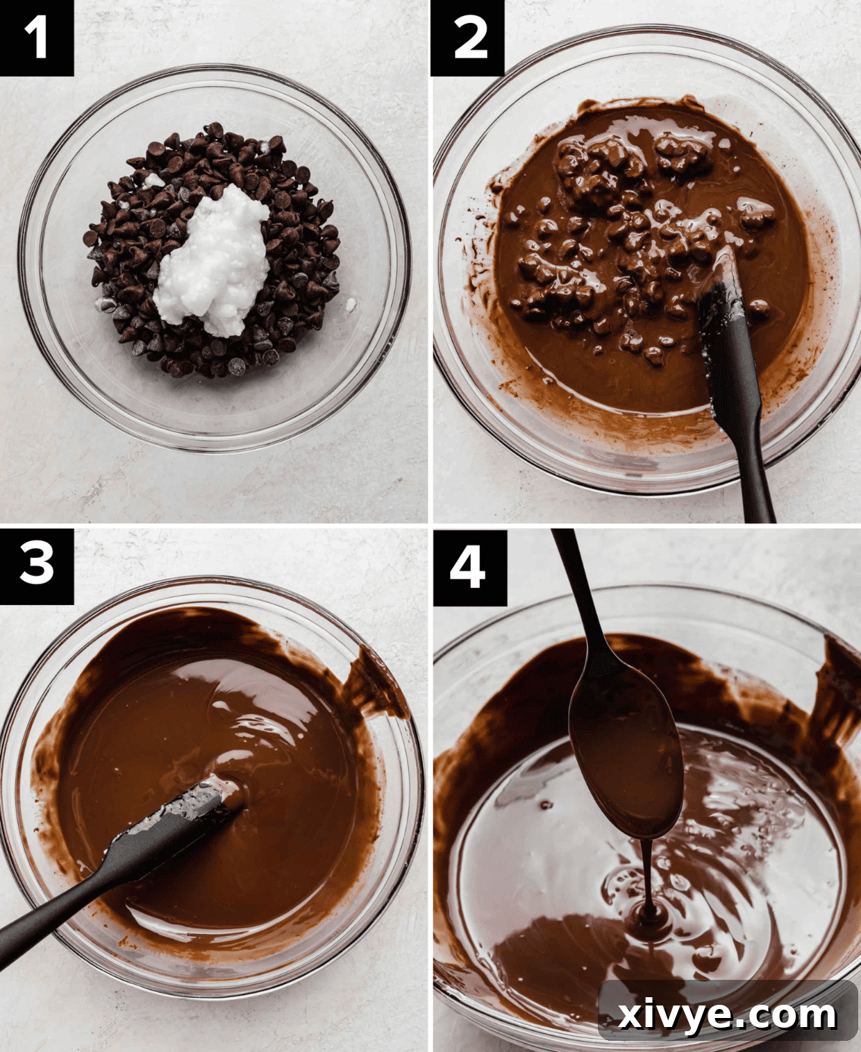 Four photos showing semi sweet chocolate chips in a glass bowl and the succession of them being melted.