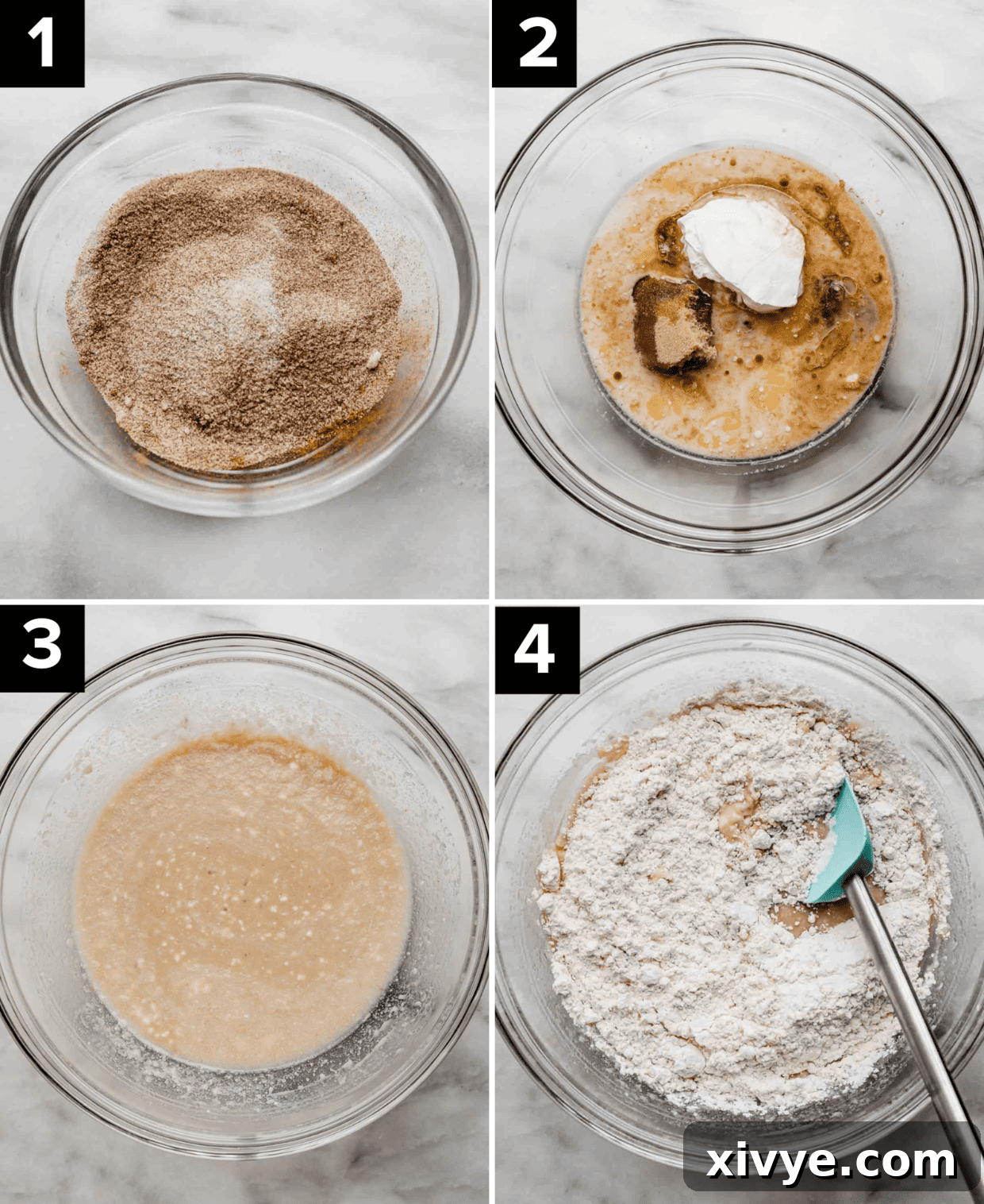 Four process photos illustrating the creation of Cinnamon Swirl Bread batter: adding wet ingredients, adding dry ingredients, mixing, and folding in white chocolate chips.