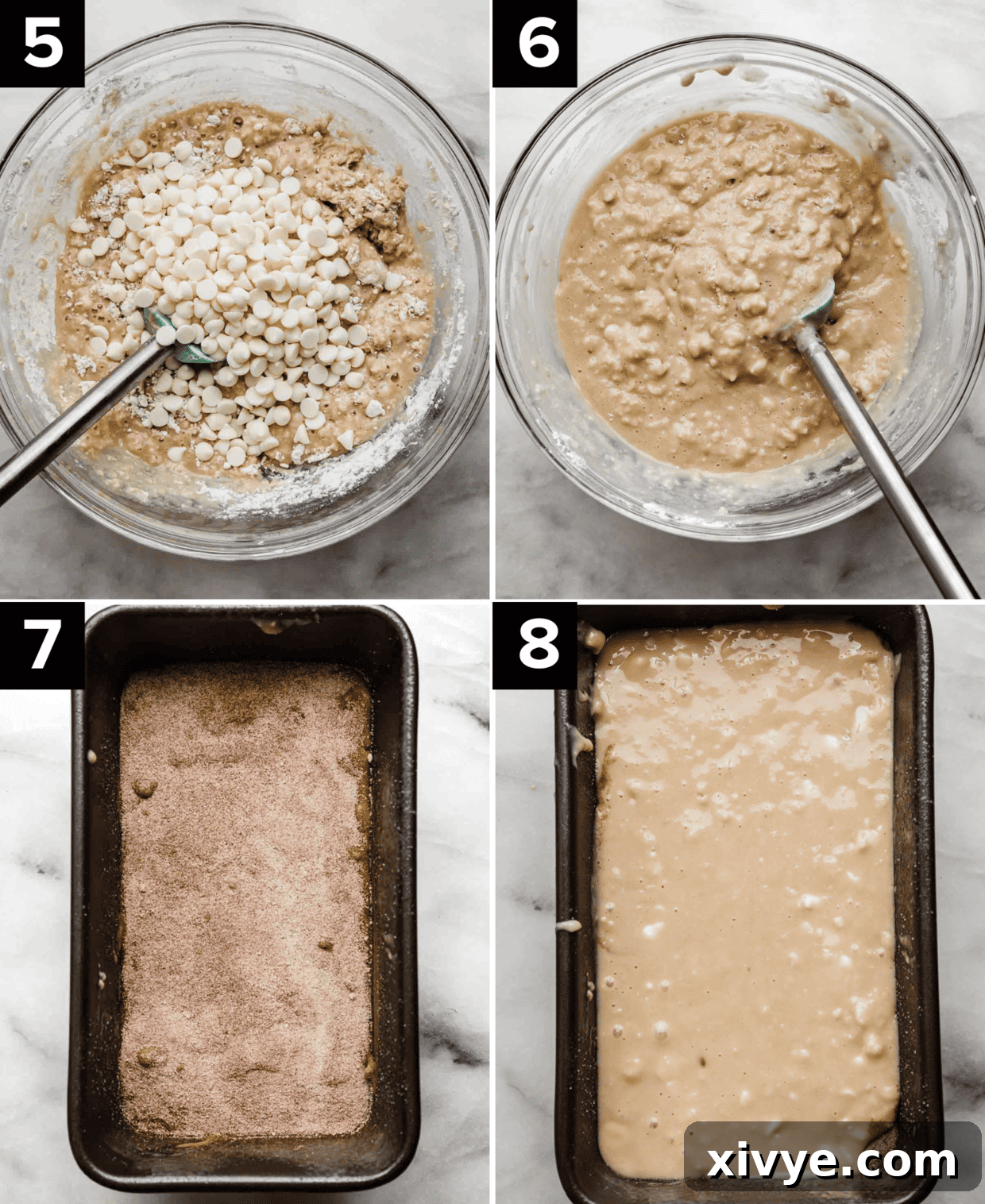 Four process photos: top two show Cinnamon Swirl Bread batter with white chocolate chips in a glass bowl; bottom two show batter in a bread pan with cinnamon sugar sprinkled overtop, ready for swirling.
