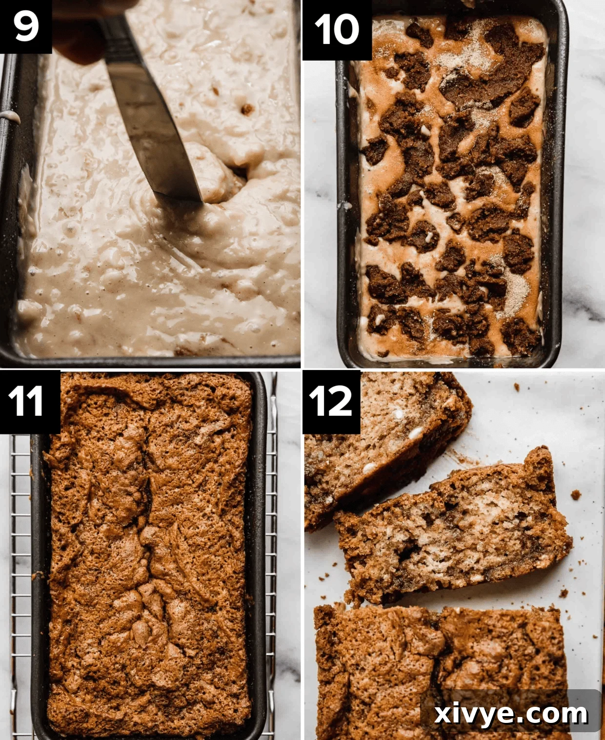 A collage of four images: a knife swirling through batter, cinnamon sugar clusters on batter, a baked loaf in a pan, and slices of Cinnamon Swirl Bread.