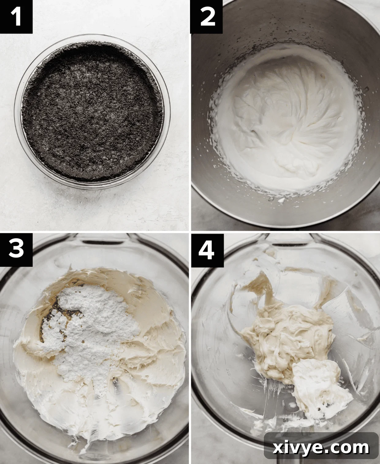 Four pictures showing the process of how to make Oreo pie (Cookies and Cream Pie), top left photo is Oreo pie crust on a white background, top right is whipped cream in a metal bowl, bottom left and right photo is cream cheese mixture in a glass bowl.
