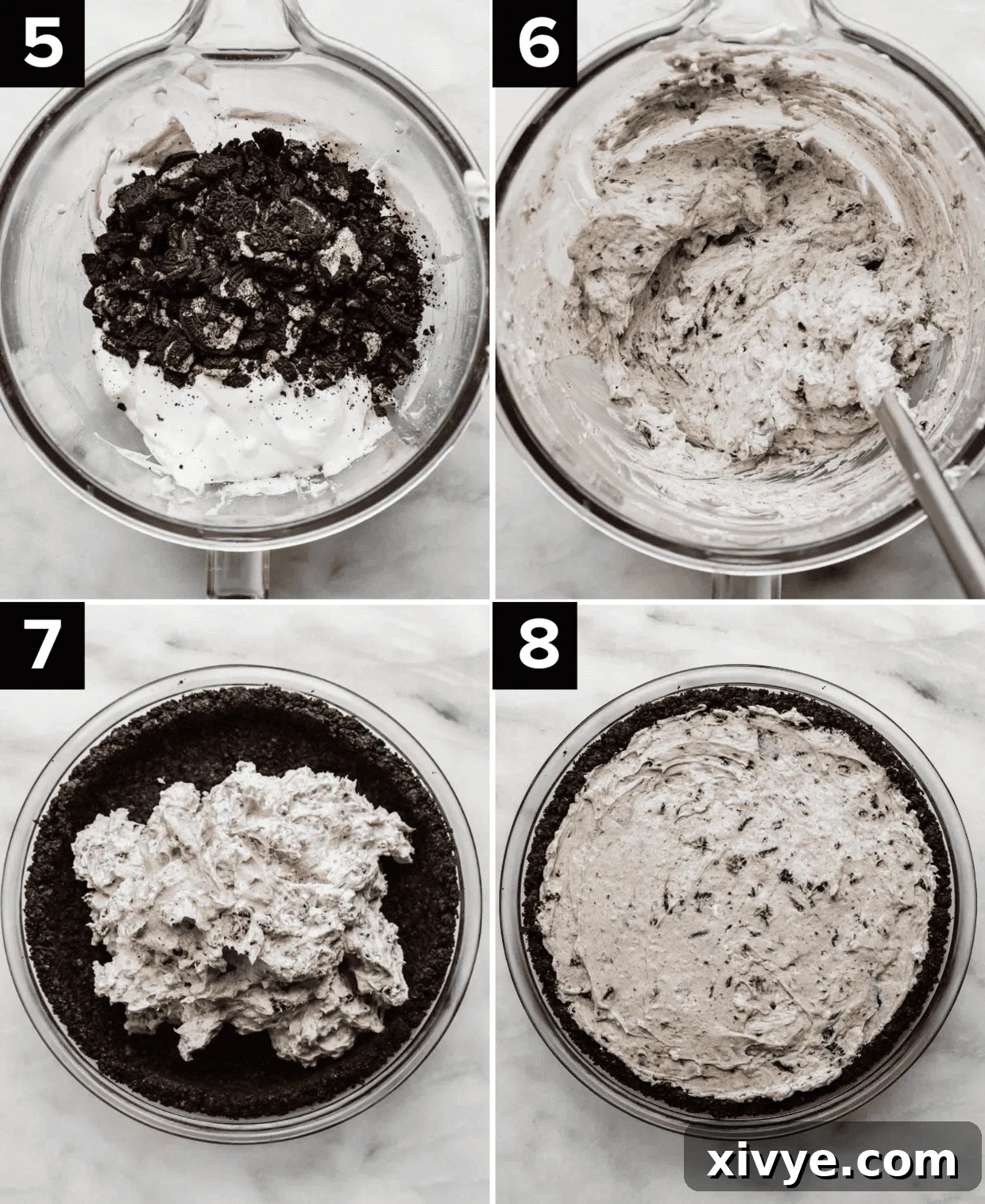 Top left photo is chopped Oreos in a glass bowl with Oreo pie filling, top right image is Oreo pie filling in a glass bowl, bottom left is Oreo pie crust with large dollop of white and gray pie filling in the crust, Cookies and Cream Pie on a white background.