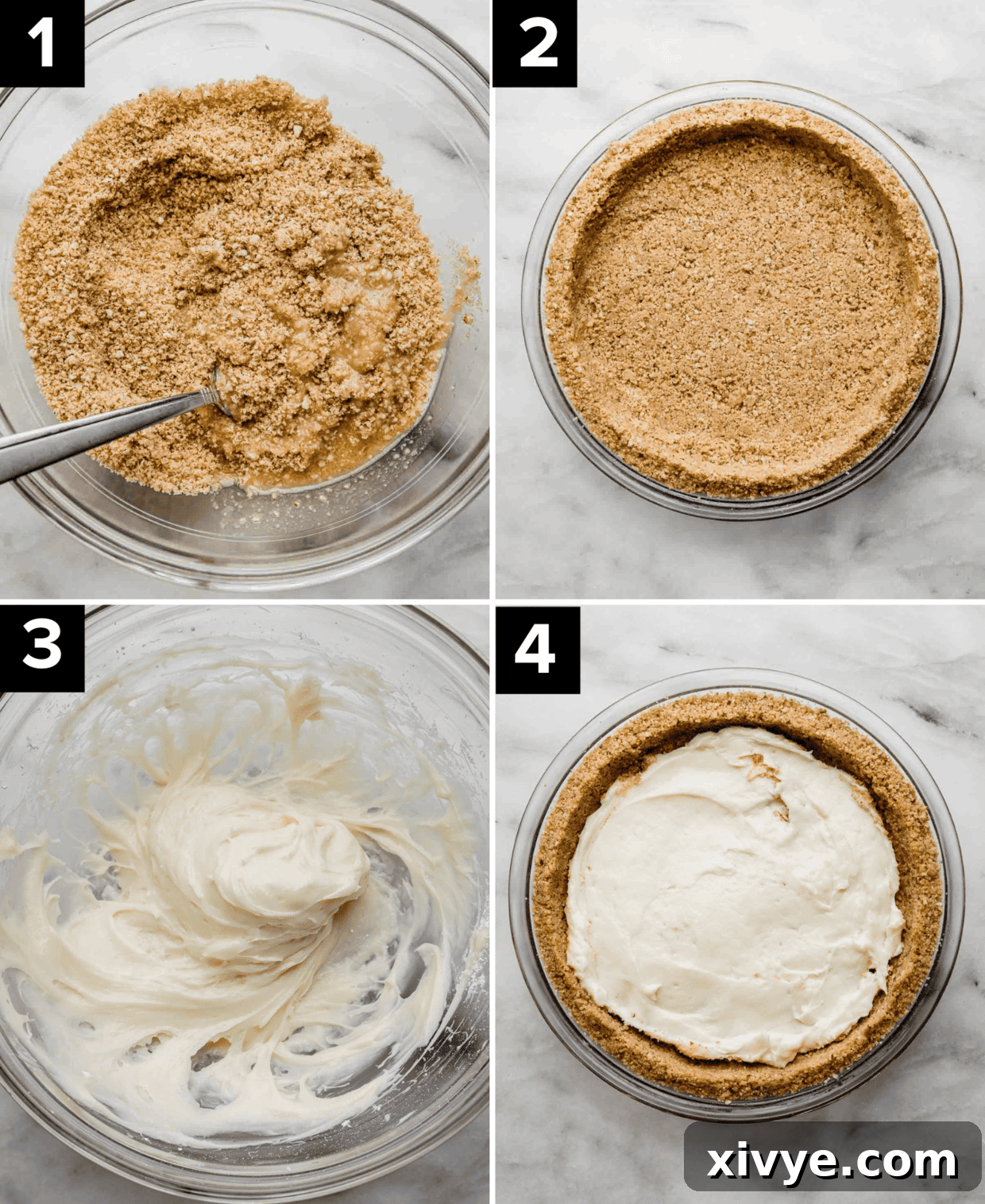 Four images showing how to make the beginnings of a Possum Pie; TL photo is crushed shortbread and pecans in bowl, TR image is a shortbread pecan pie crust, BL image is cream cheese mixture in glass bowl, BR image is cream cheese layer in a pie crust.