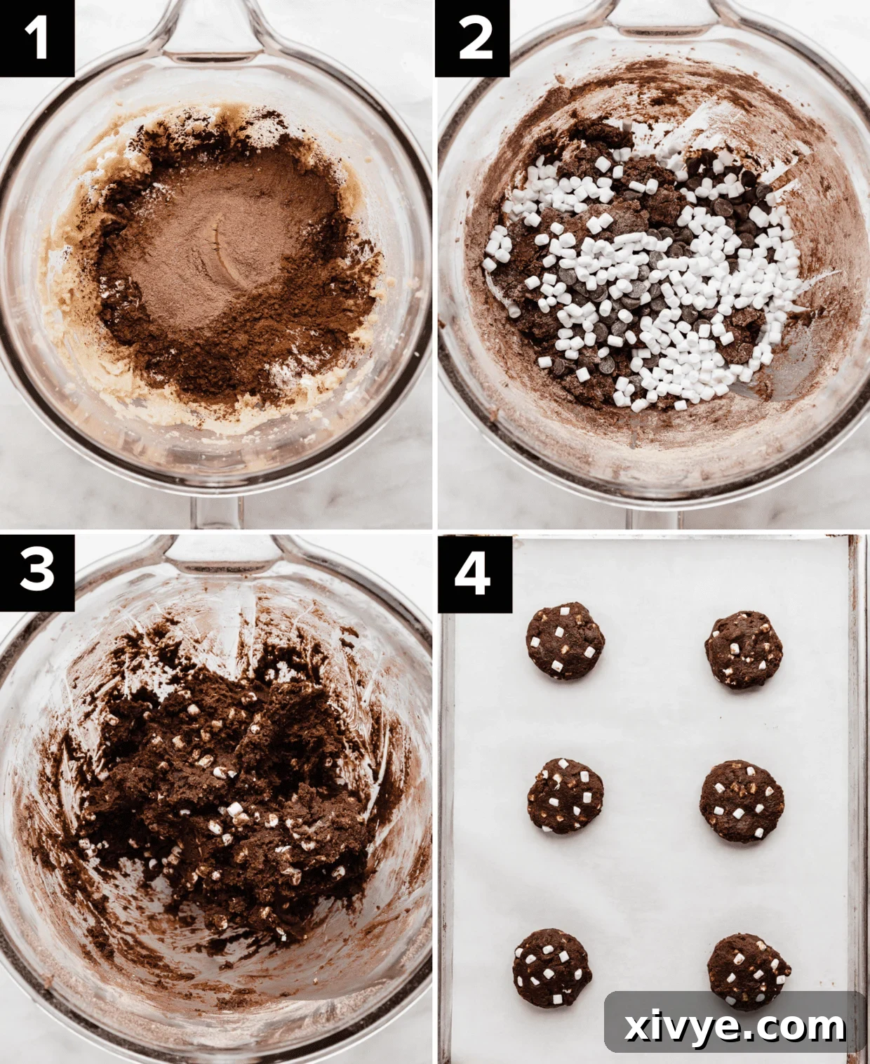 Four images showing the process of how to make hot chocolate cookies, top photos showing hot chocolate cookie dough in a glass bowl and mini marshmallows in the dough, bottom photos showing fully mixed hot cocoa cookies in a bowl and hot cocoa cookies portioned into balls on a baking sheet.
